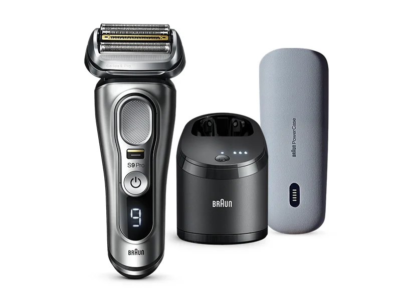 Braun Series 9 Pro shaver with SmartCare cleaning station and PowerCase on white background