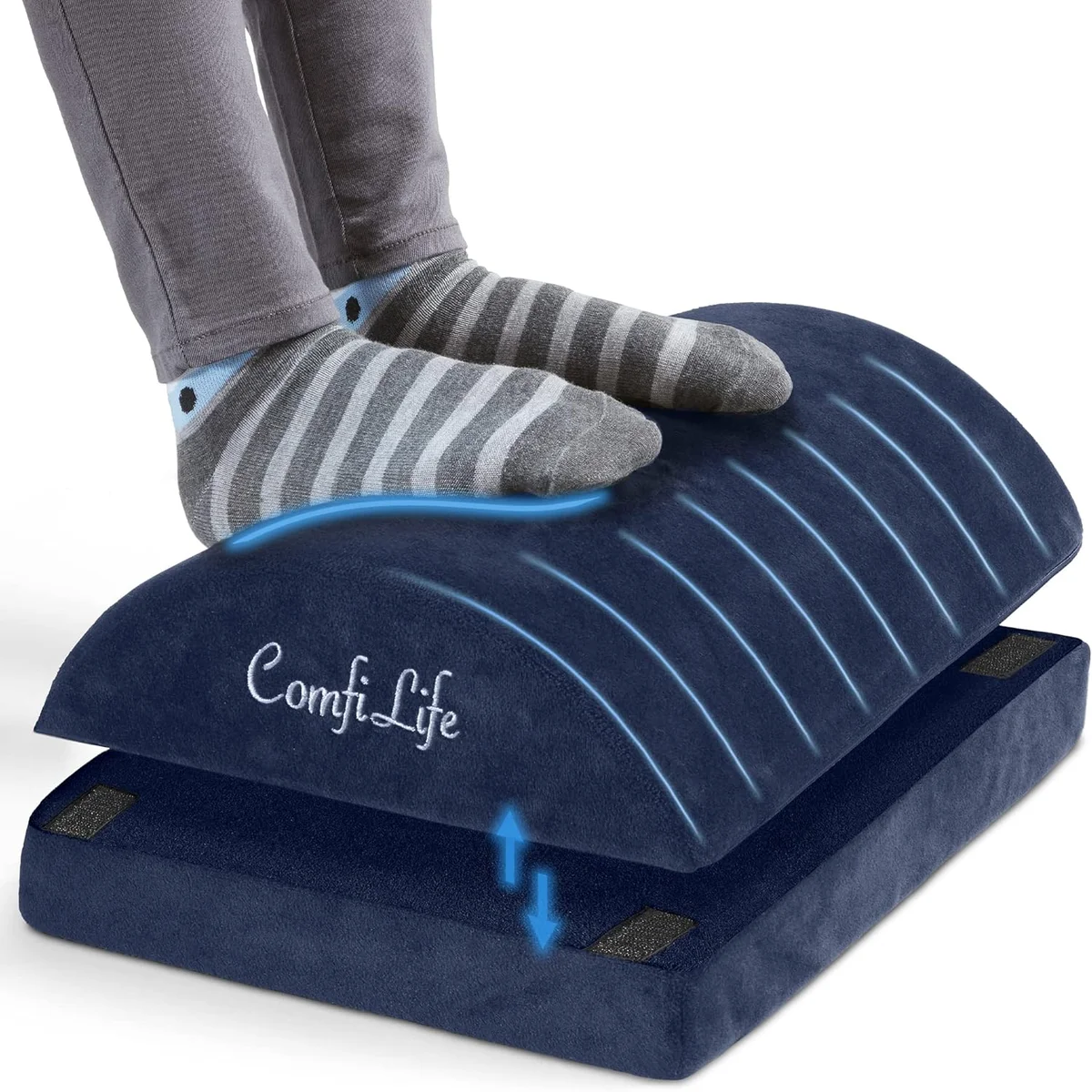 ComfiLife Foot Rest navy blue color with detachable base showing height adjustment