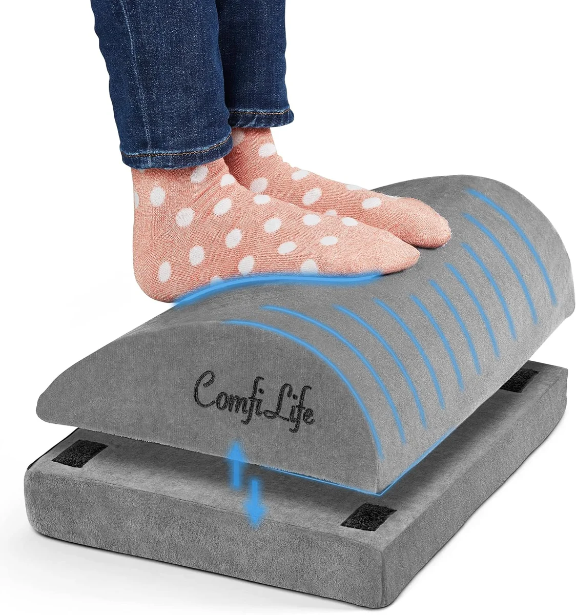 ComfiLife Foot Rest grey color with feet in polka-dot socks resting on contoured foam top