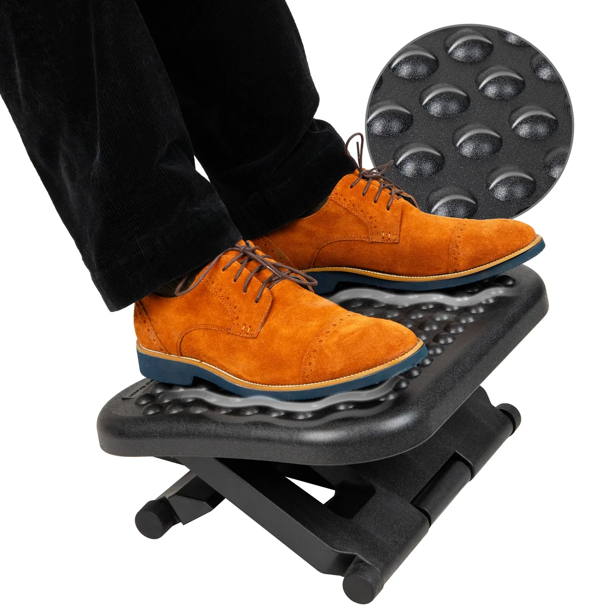 Mind Reader Ergonomic Footrest in use with feet resting on massage nub surface, with close-up inset of the textured bumps