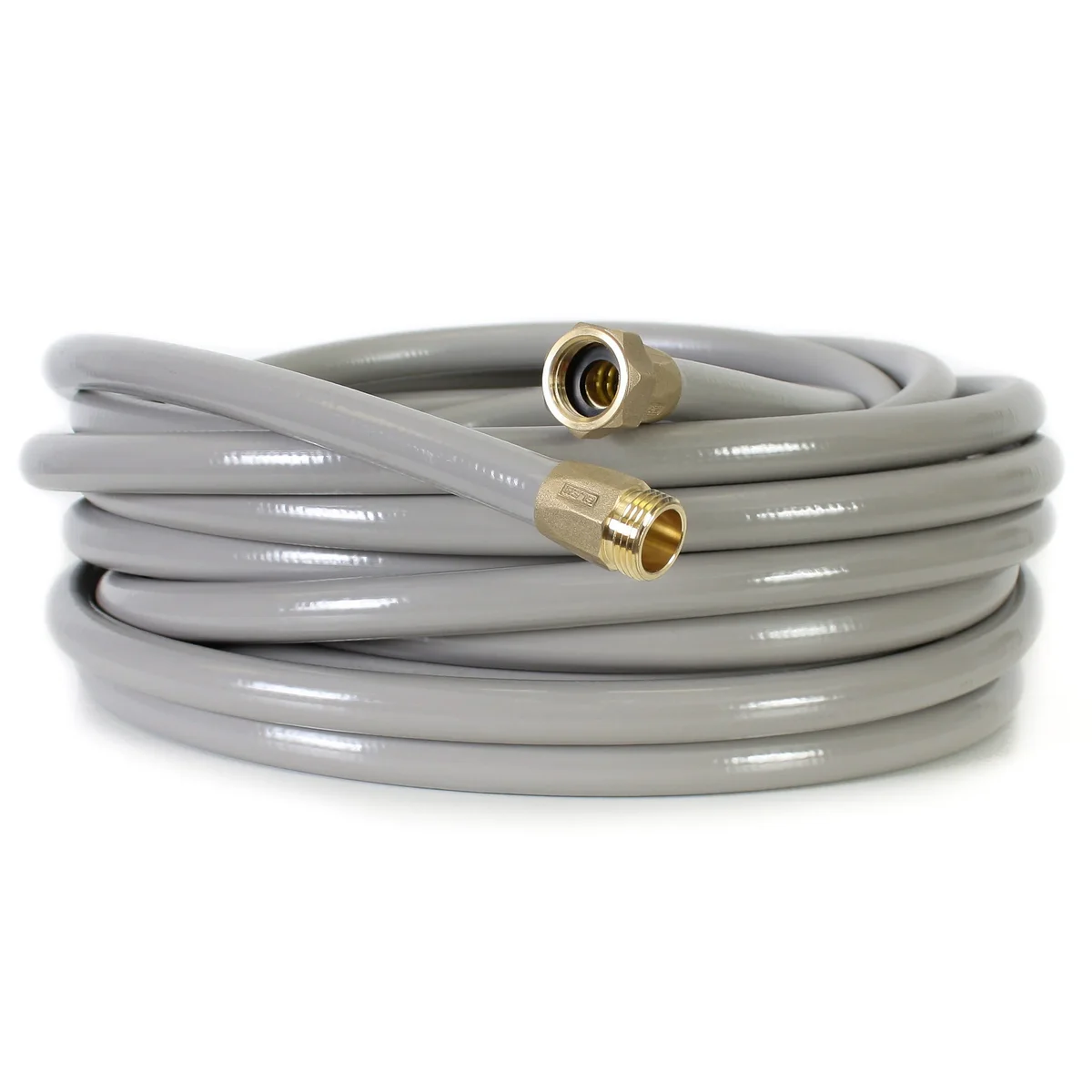 Eley Polyurethane Garden Hose 50ft coiled with both brass fittings visible on white background