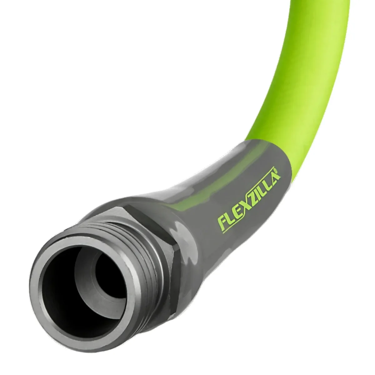 Flexzilla Garden Hose male end close-up showing anodized aluminum fitting and bend restrictor