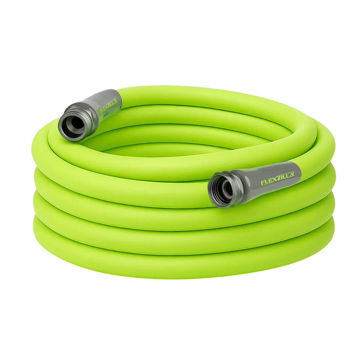 Flexzilla Garden Hose 50ft coiled on white background showing anodized aluminum fittings