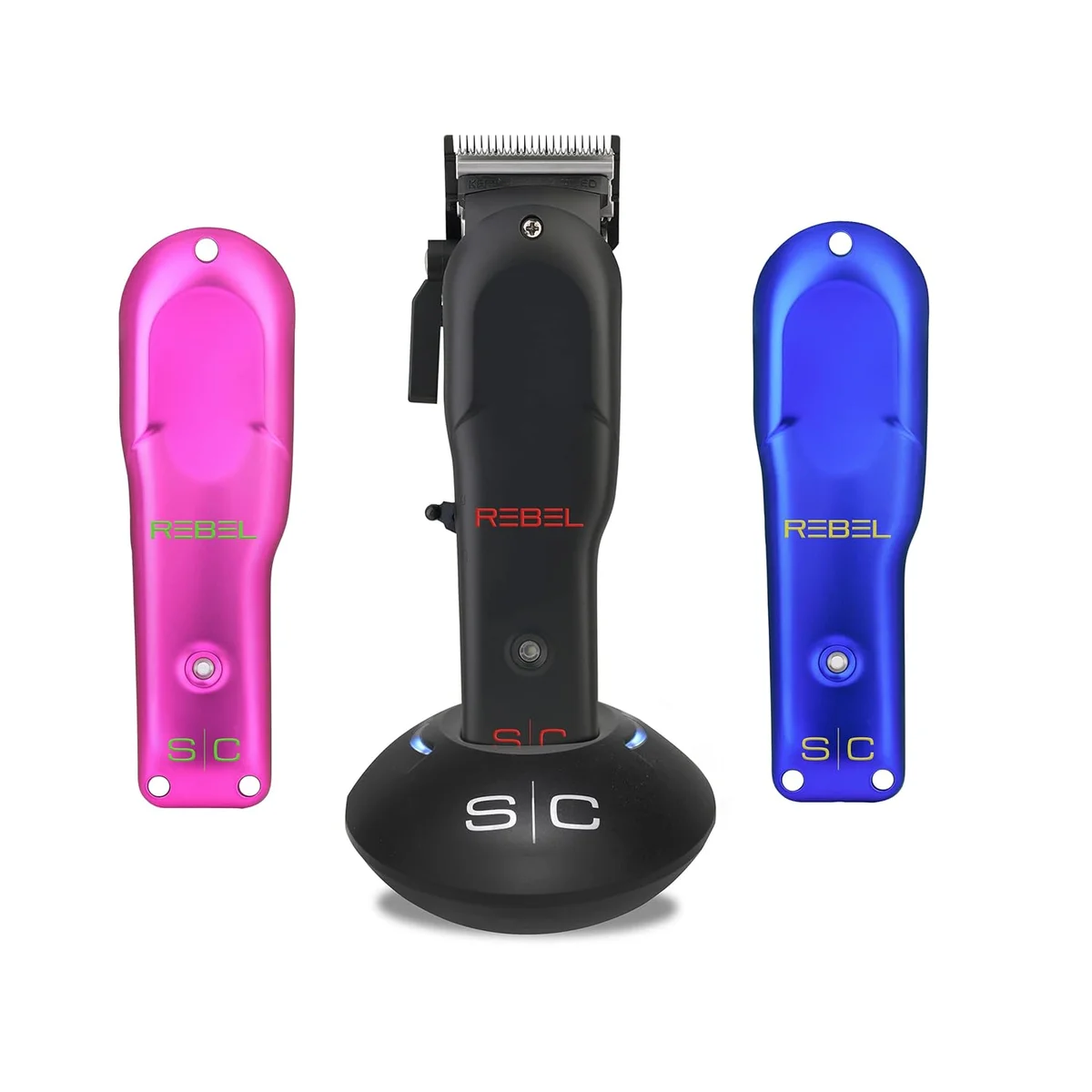 Stylecraft Rebel clipper with three interchangeable modular lid colors on charging dock