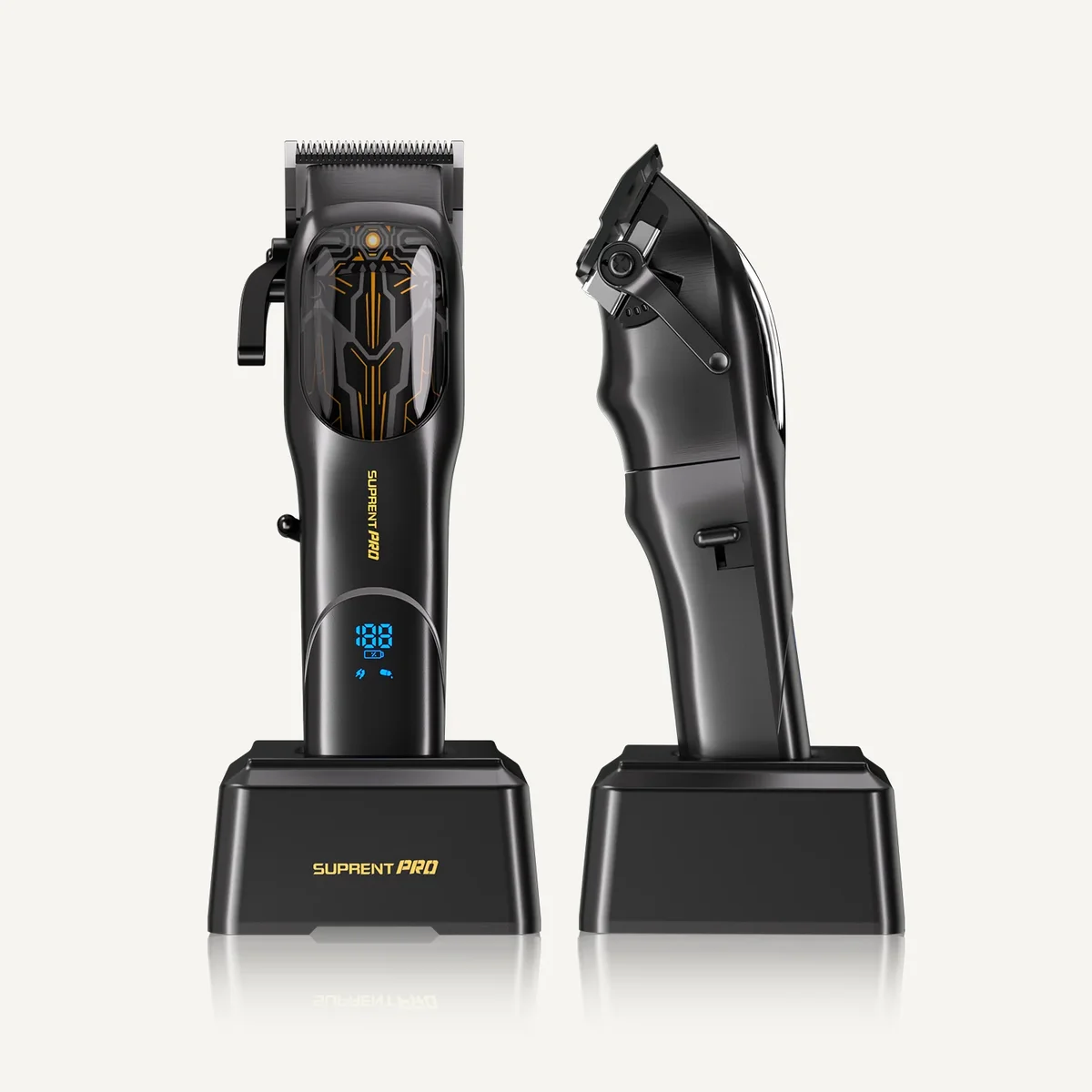 Suprent Pro Mecha clipper front and side view showing two charging dock angles