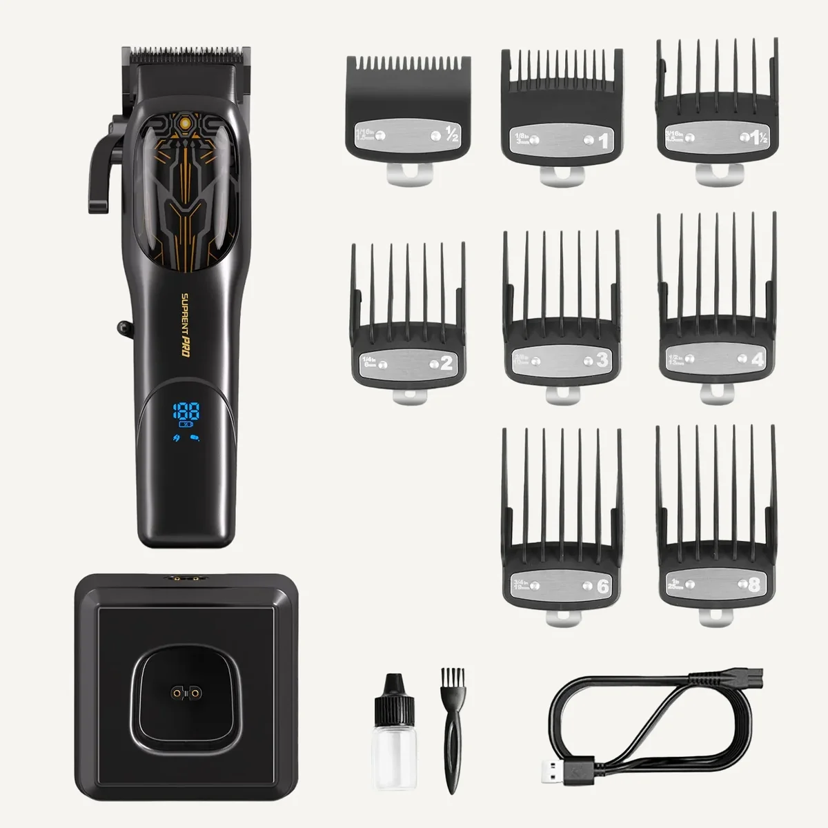 Suprent Pro Mecha full kit showing clipper, 8 guards, charging dock, oil, and cable