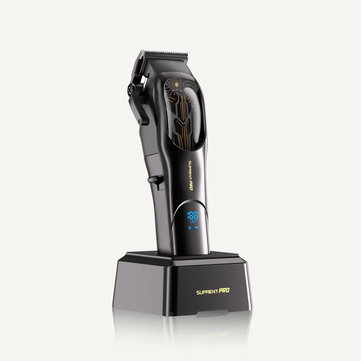 Suprent Pro Mecha Professional Clipper on charging dock, 3/4 angle view