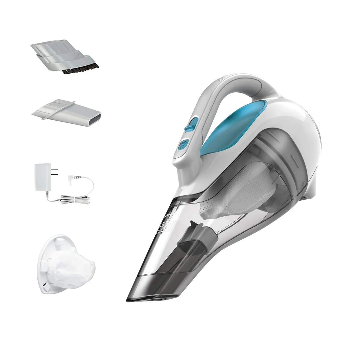 Black+Decker Dustbuster AdvancedClean HHVI315JO42 shown with included accessories: brush tool, crevice nozzle, charger, and washable filter