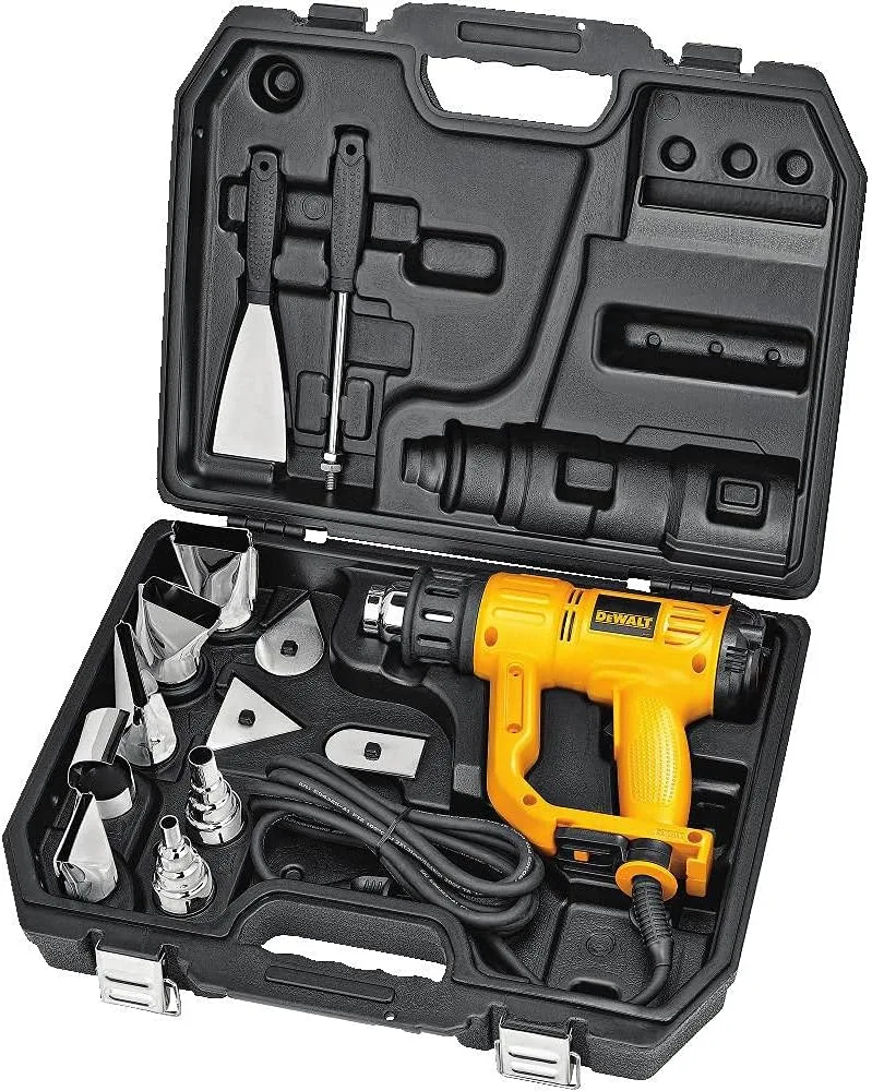 DeWalt D26960K heat gun packed in its open hard carrying case showing all included accessories