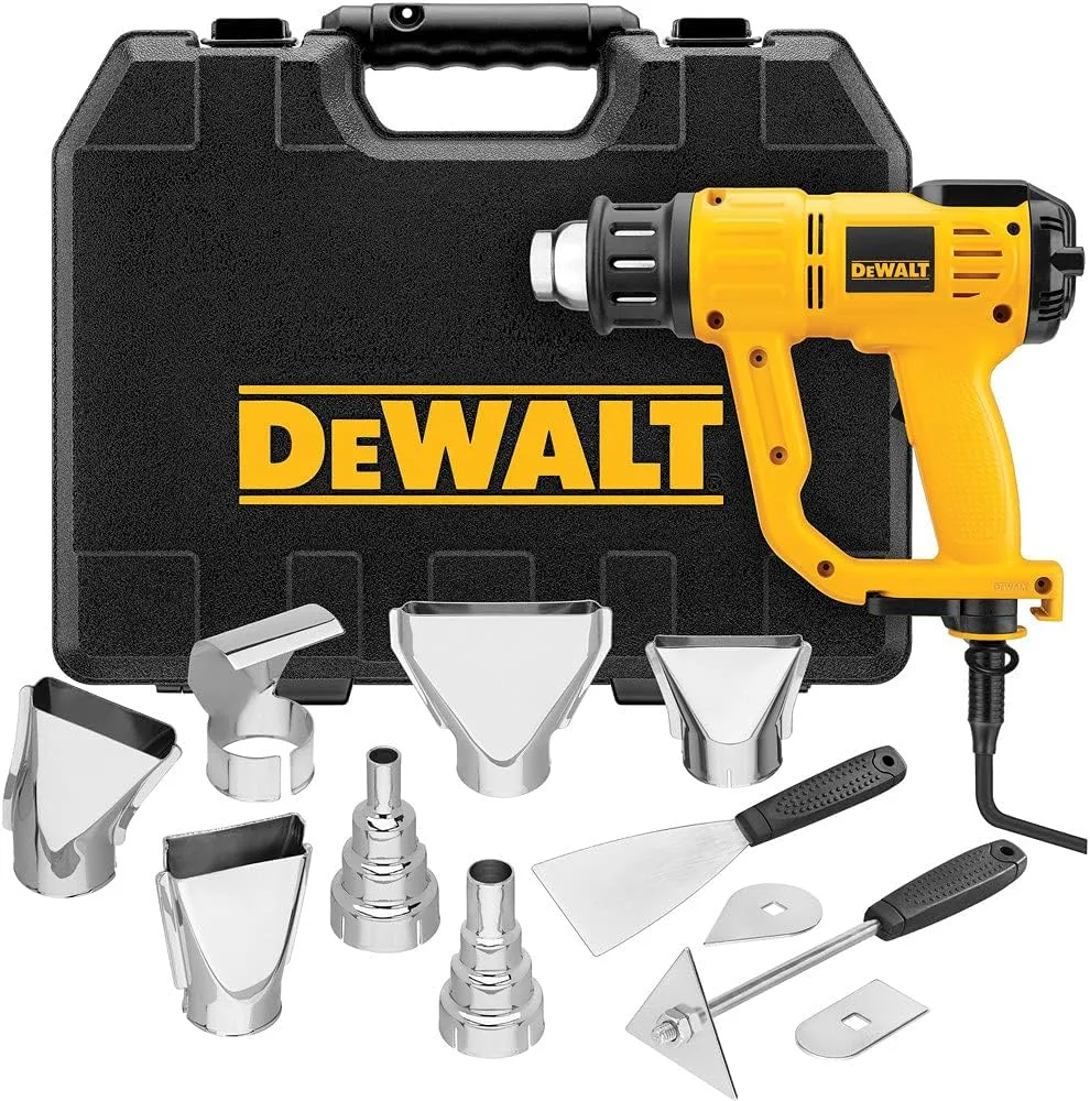 DeWalt D26960K heat gun kit with hard case and full set of nozzles, scrapers, and reflectors on a white background