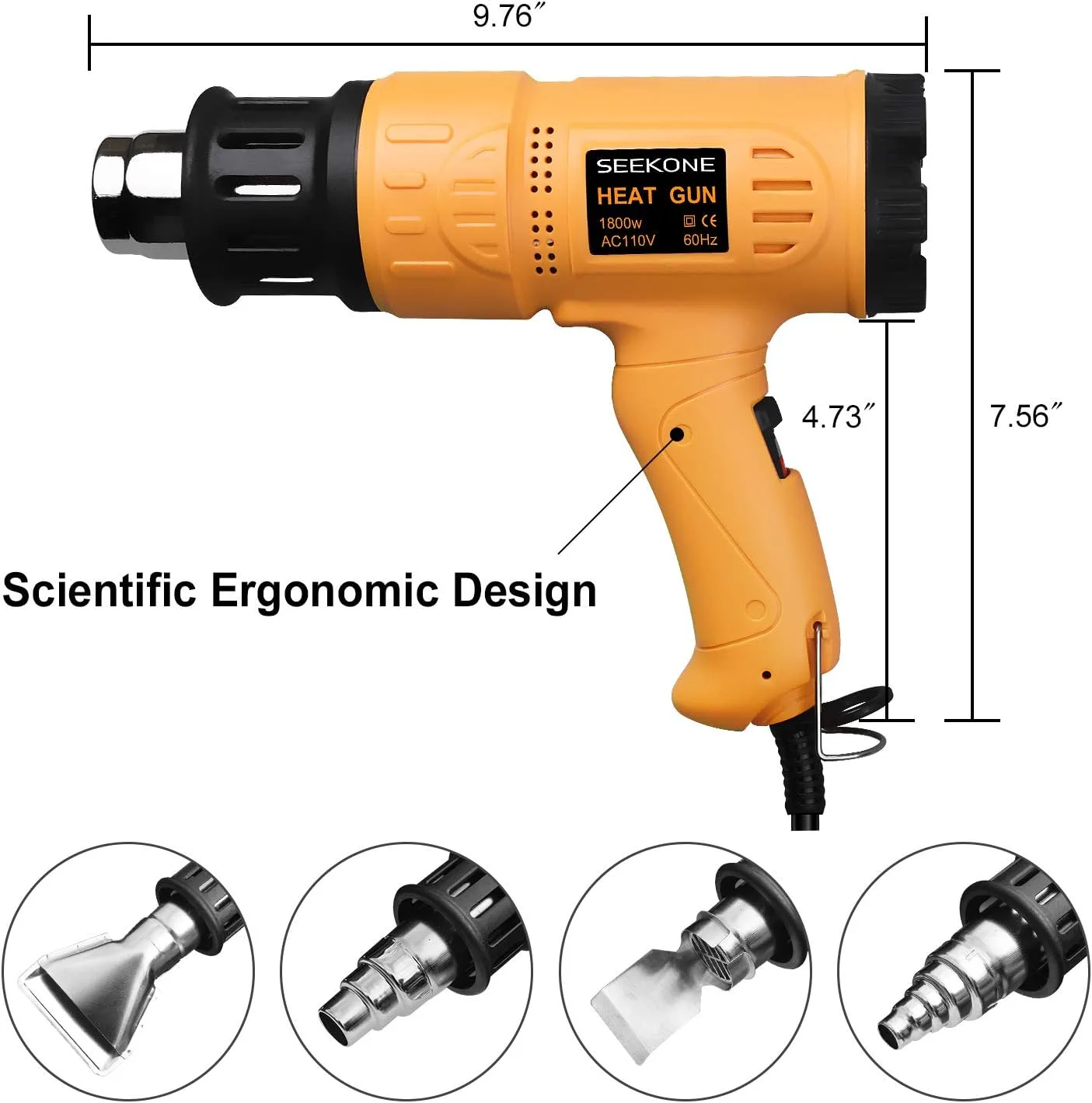 SEEKONE 1800W heat gun shown with its ergonomic grip and the four included nozzle attachments