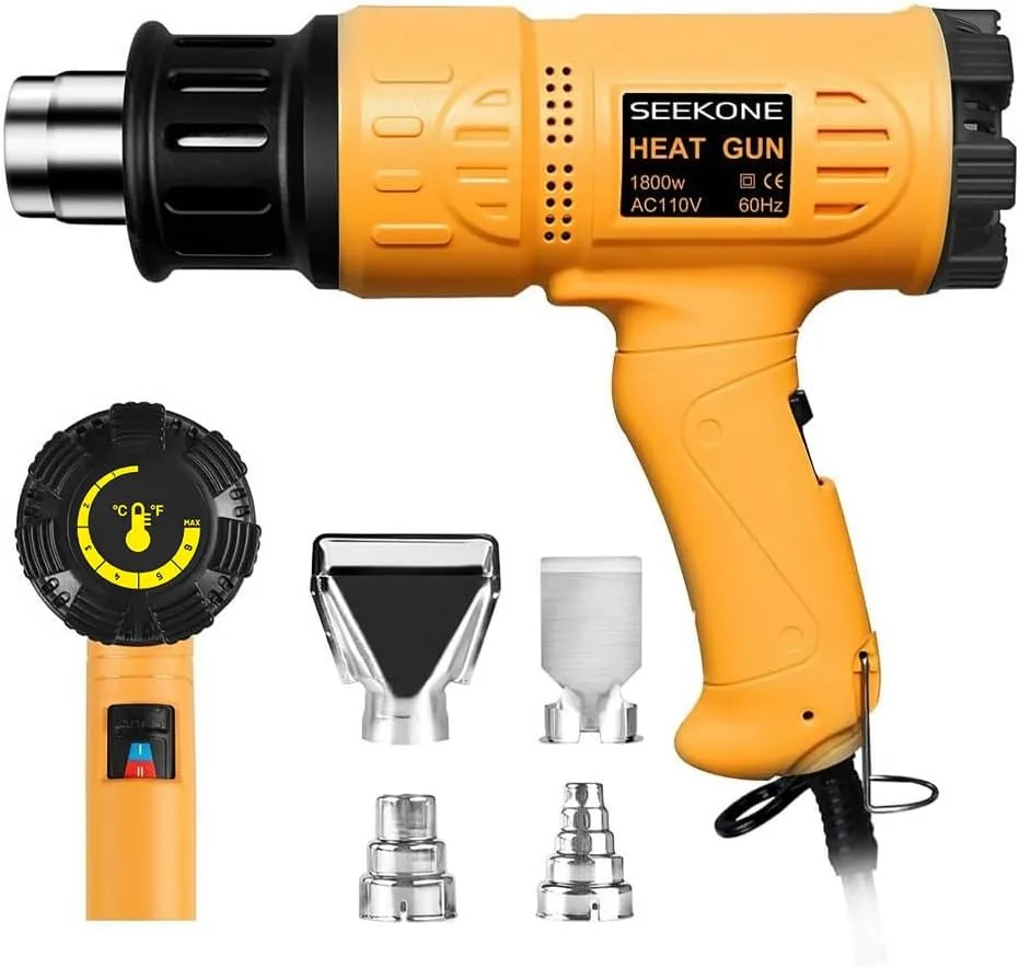 SEEKONE 1800W heat gun model SDL-2816 in yellow with variable temperature dial and four stainless steel nozzles on a white background