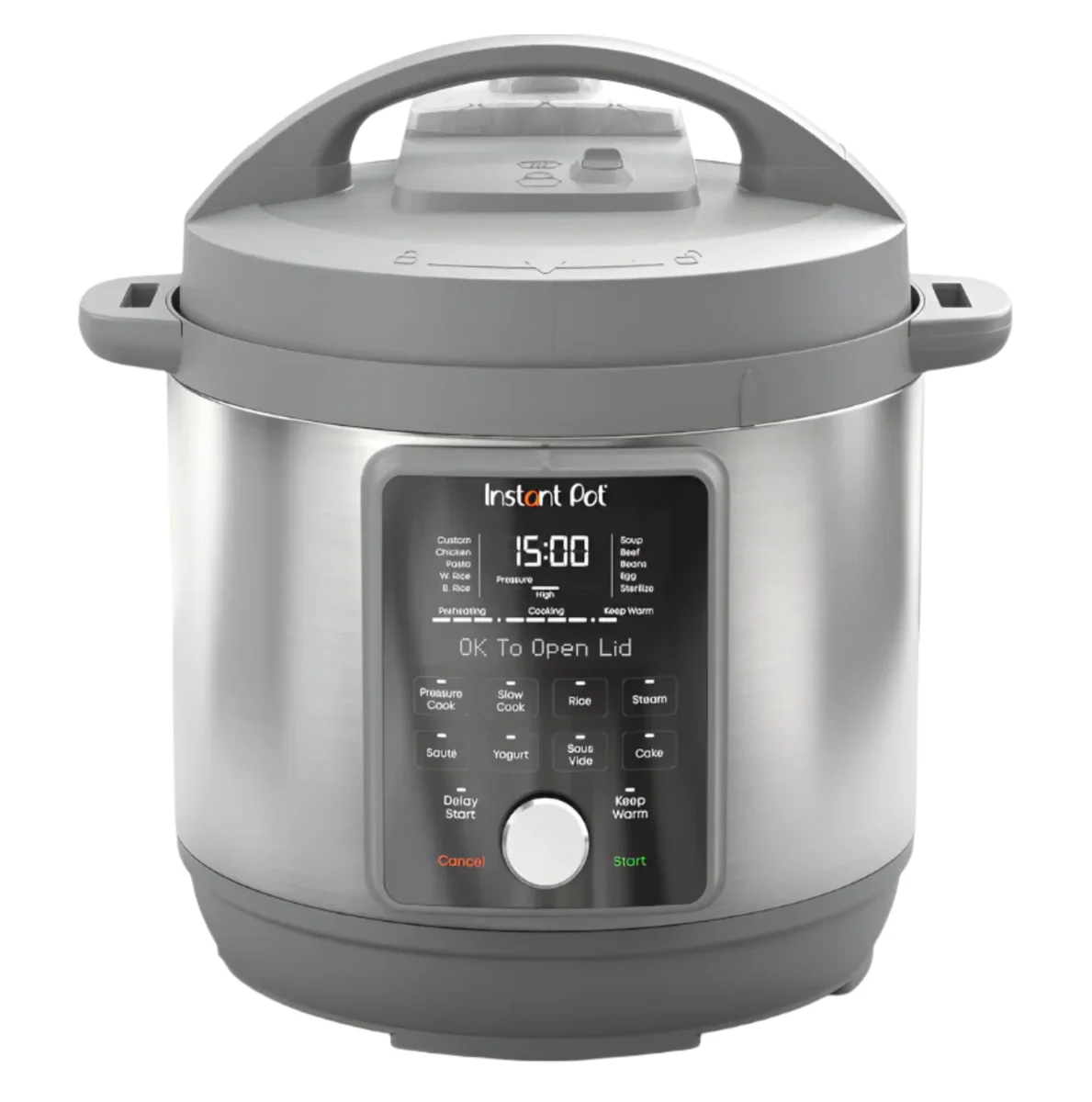 Instant Pot Duo Plus (Whisper Quiet) stainless steel pressure cooker with control panel and display facing forward