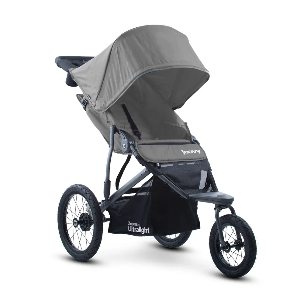 Joovy Zoom 360 Ultralight jogging stroller in charcoal, 3/4 angle view on white background