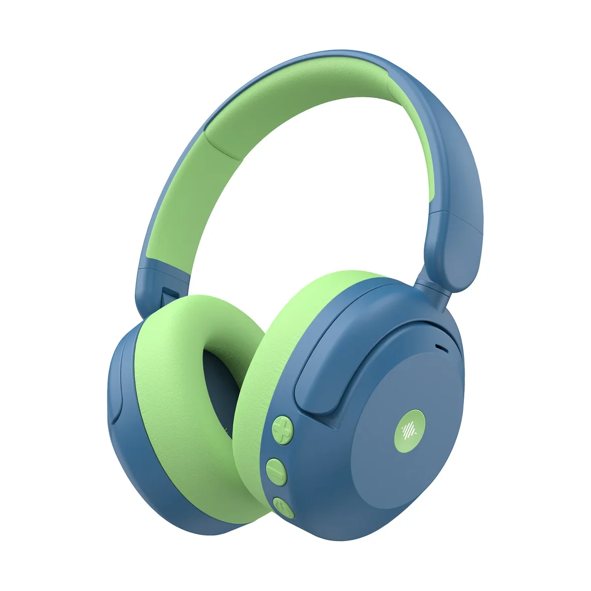 iClever BTH20 kids ANC headphones in blue and green, three-quarter front view