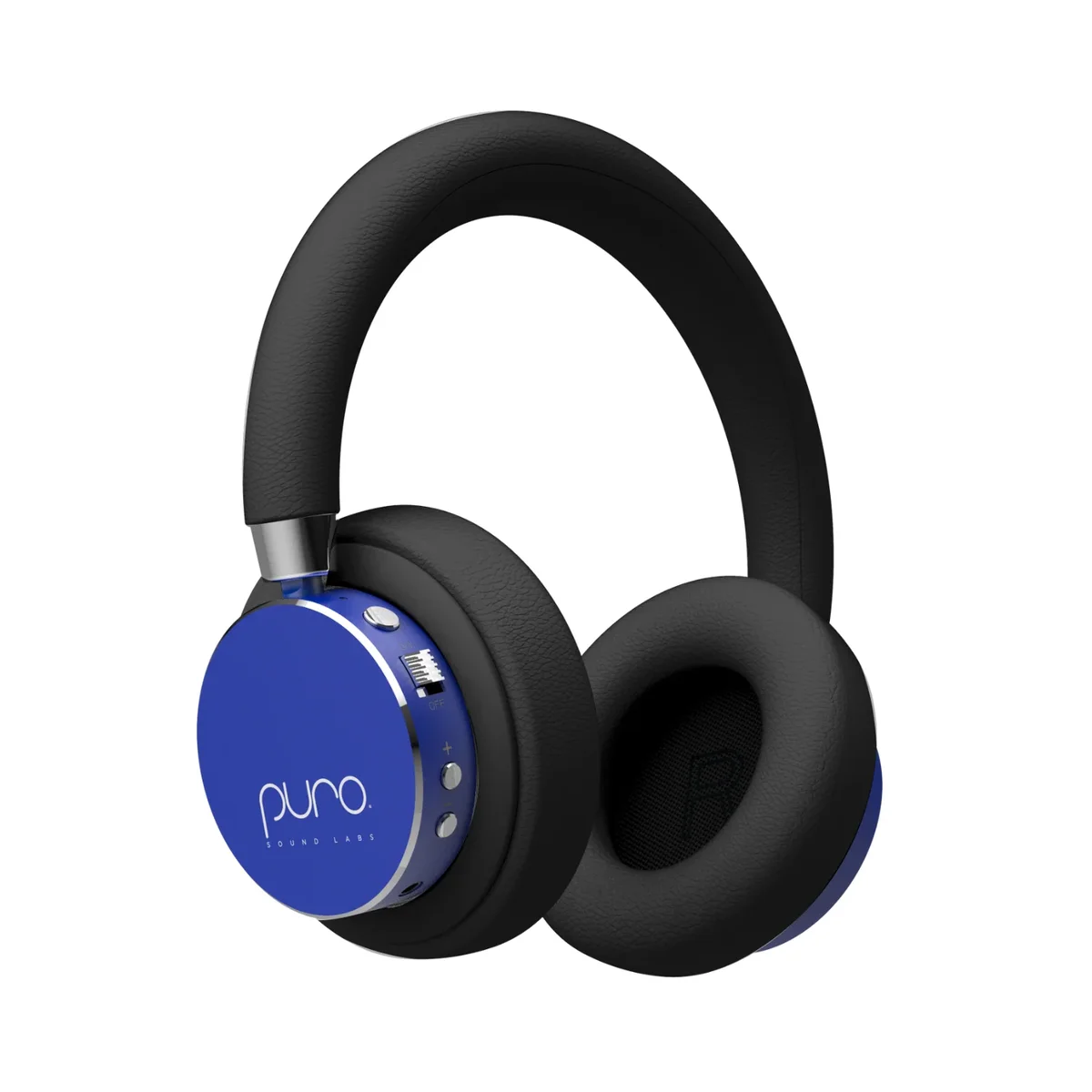 Puro Sound Labs BT2200-Plus in blue with black earcups, showing the volume slider and control buttons