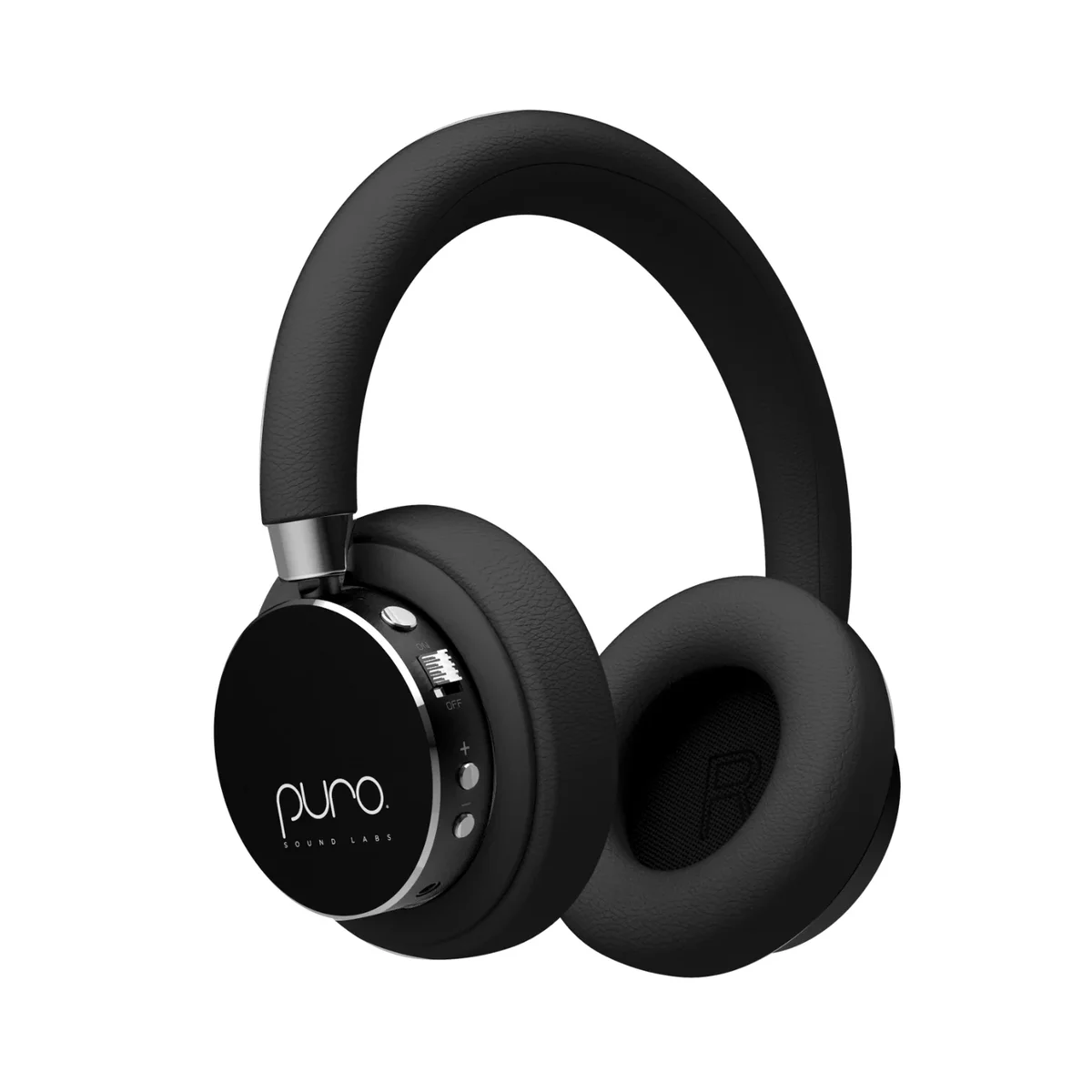 Puro Sound Labs BT2200-Plus in all-black colorway, three-quarter view of the ear cups and headband