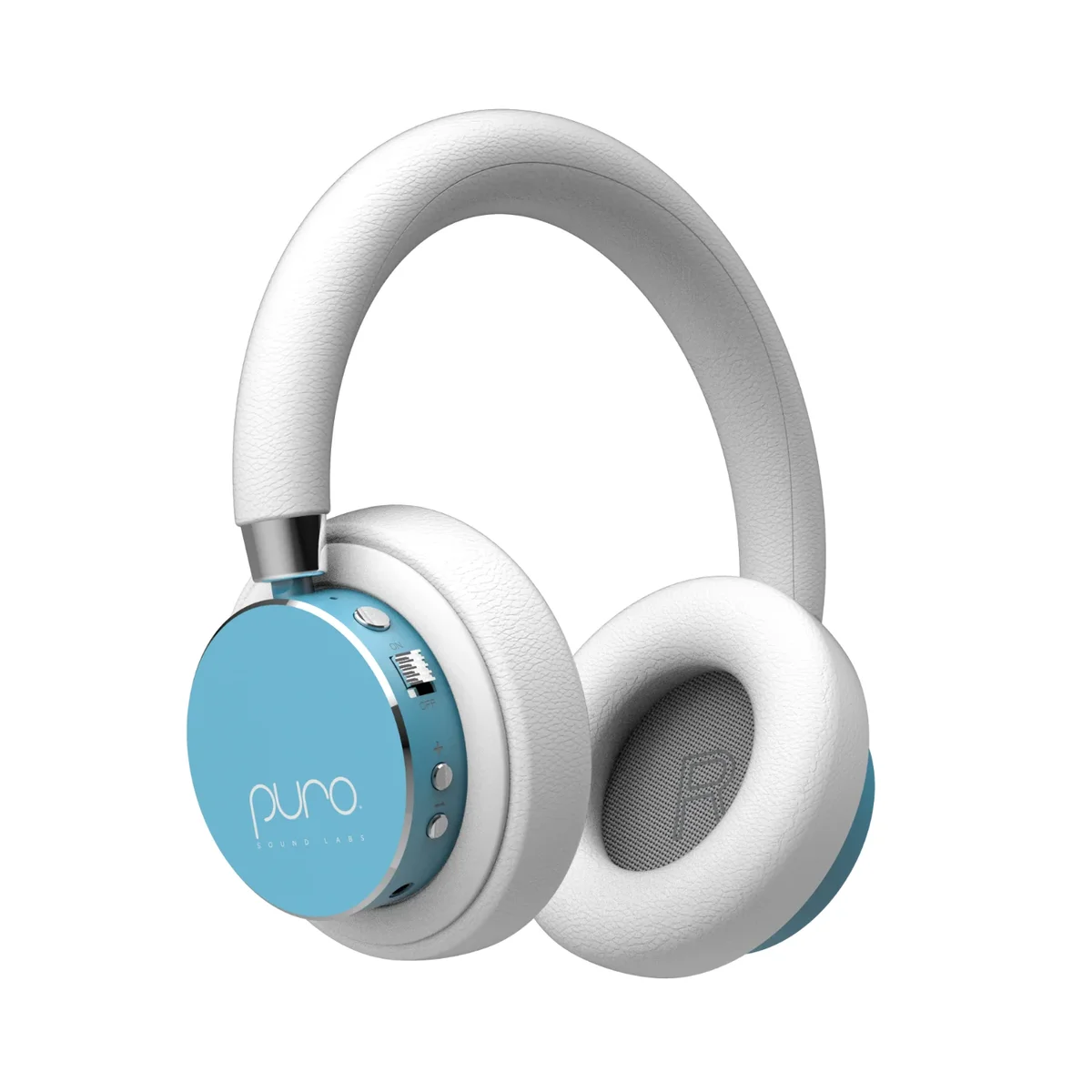Puro Sound Labs BT2200-Plus in teal with white earcups, angled studio view