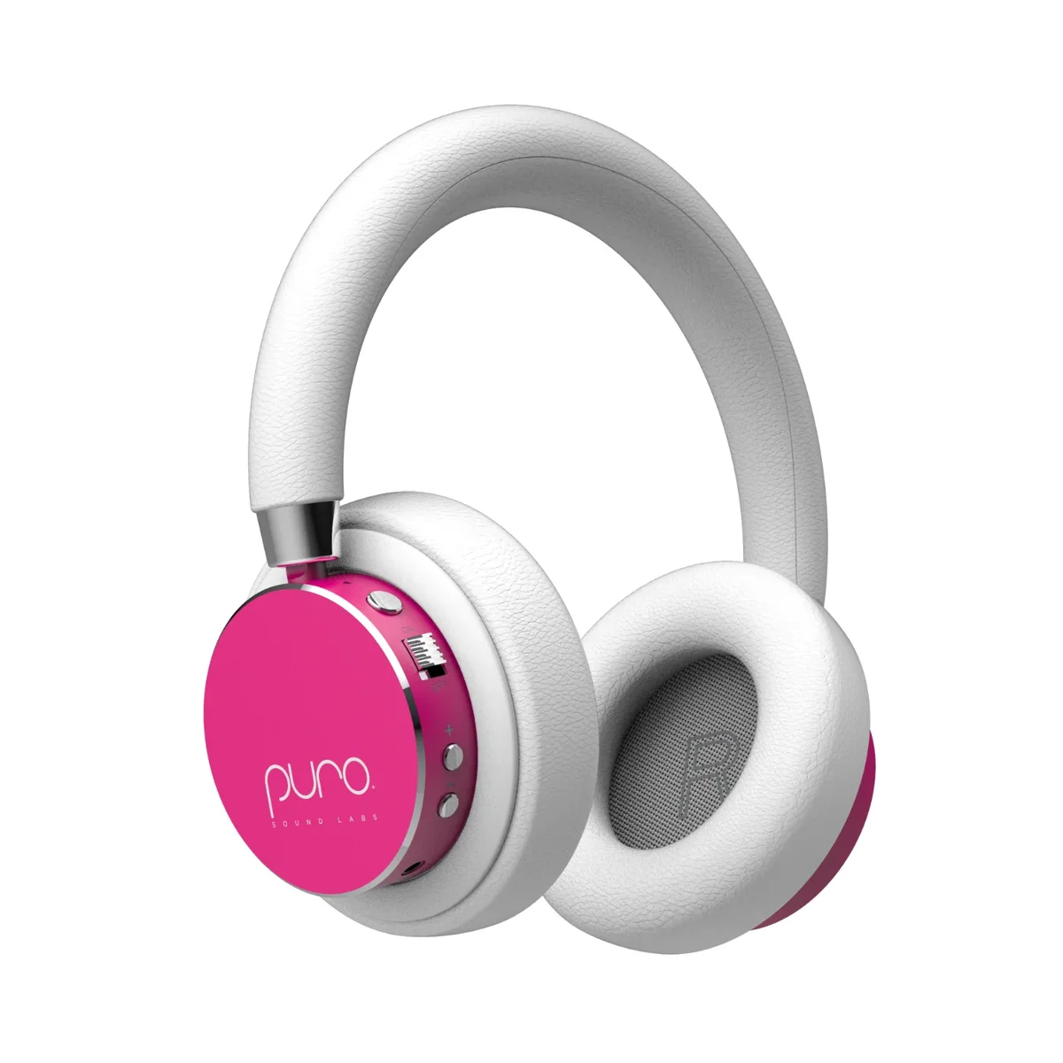 Puro Sound Labs BT2200-Plus kids' Bluetooth headphones in pink, three-quarter studio view showing volume controls