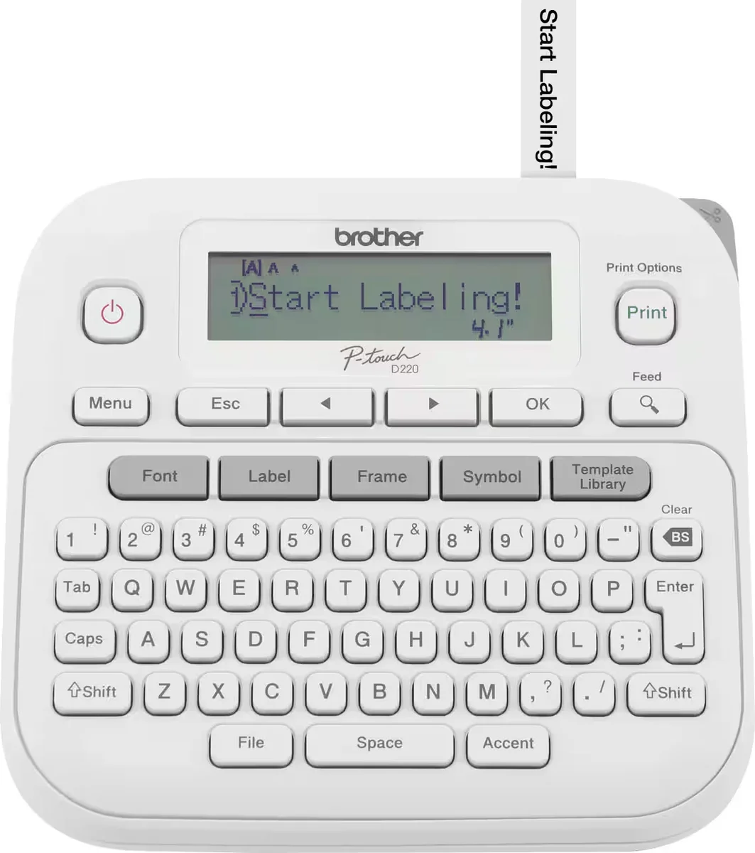 Brother P-Touch PTD220 label maker front view showing QWERTY keyboard and LCD display