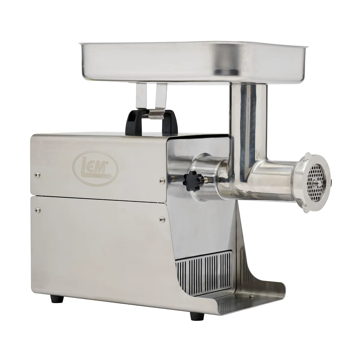 LEM Big Bite #8 meat grinder rear-side angle showing LEM logo, adjustment knob, and grinding head