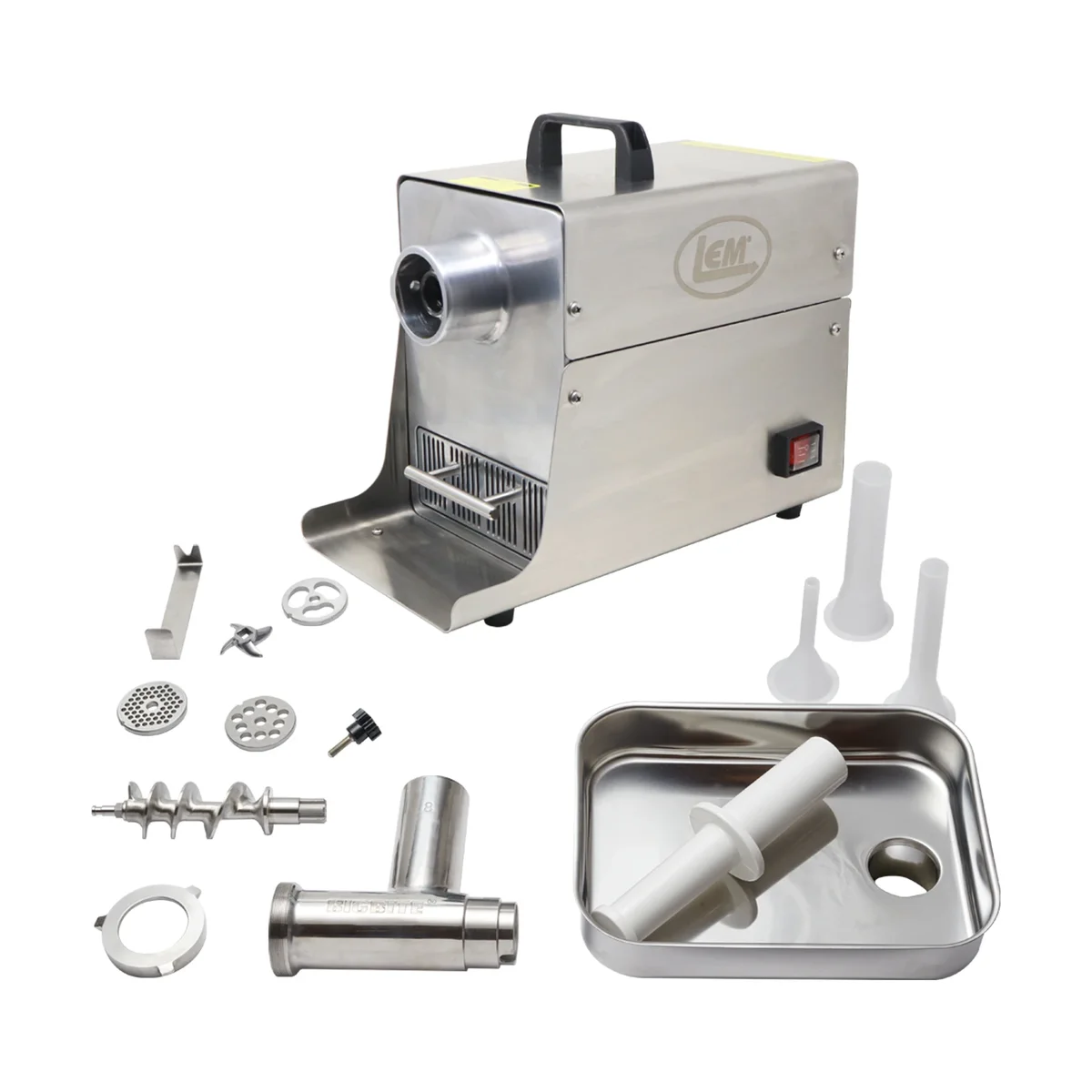 LEM Big Bite #8 meat grinder with all included accessories: auger, stainless plates, knife, stuffing tubes, meat tray, and stomper