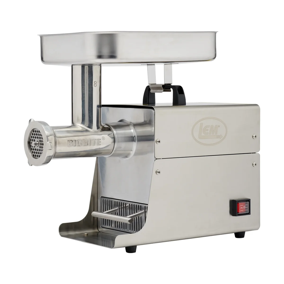 LEM Big Bite #8 electric meat grinder, stainless steel, 3/4 front view with meat tray and grinding head