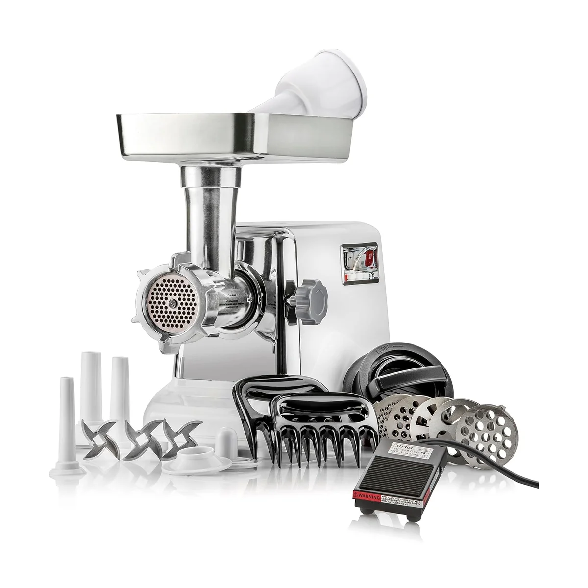 STX Turboforce 3000 meat grinder front view showing grinding head, control panel, and included attachments