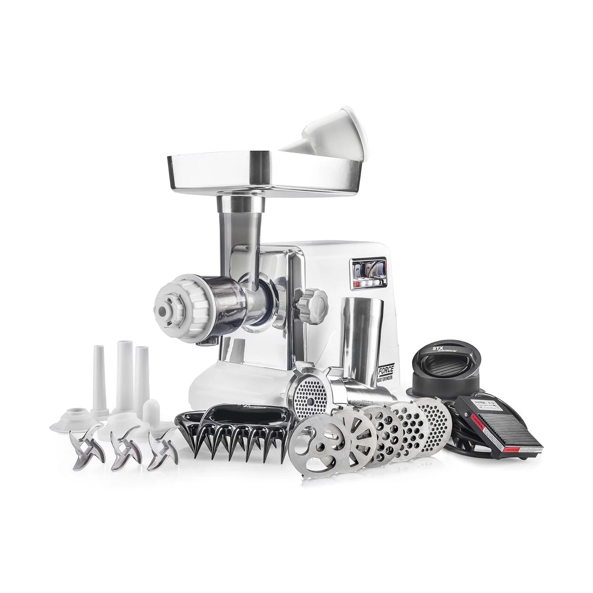 STX Turboforce 3000 electric meat grinder with full accessory set including grinding plates, sausage tubes, and foot pedal on white background