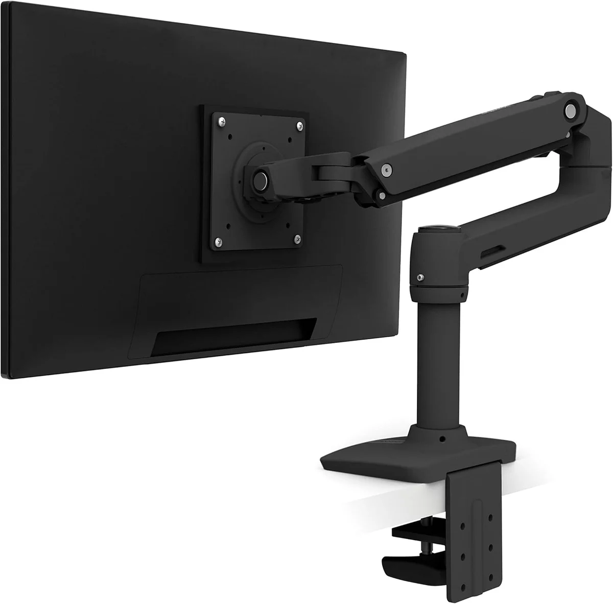 Ergotron LX Desk Mount Monitor Arm rear three-quarter view with clamp mount on white background
