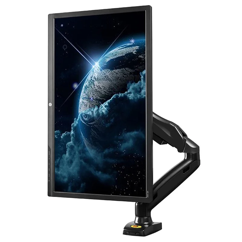 North Bayou F80 monitor arm holding a display in studio angle view