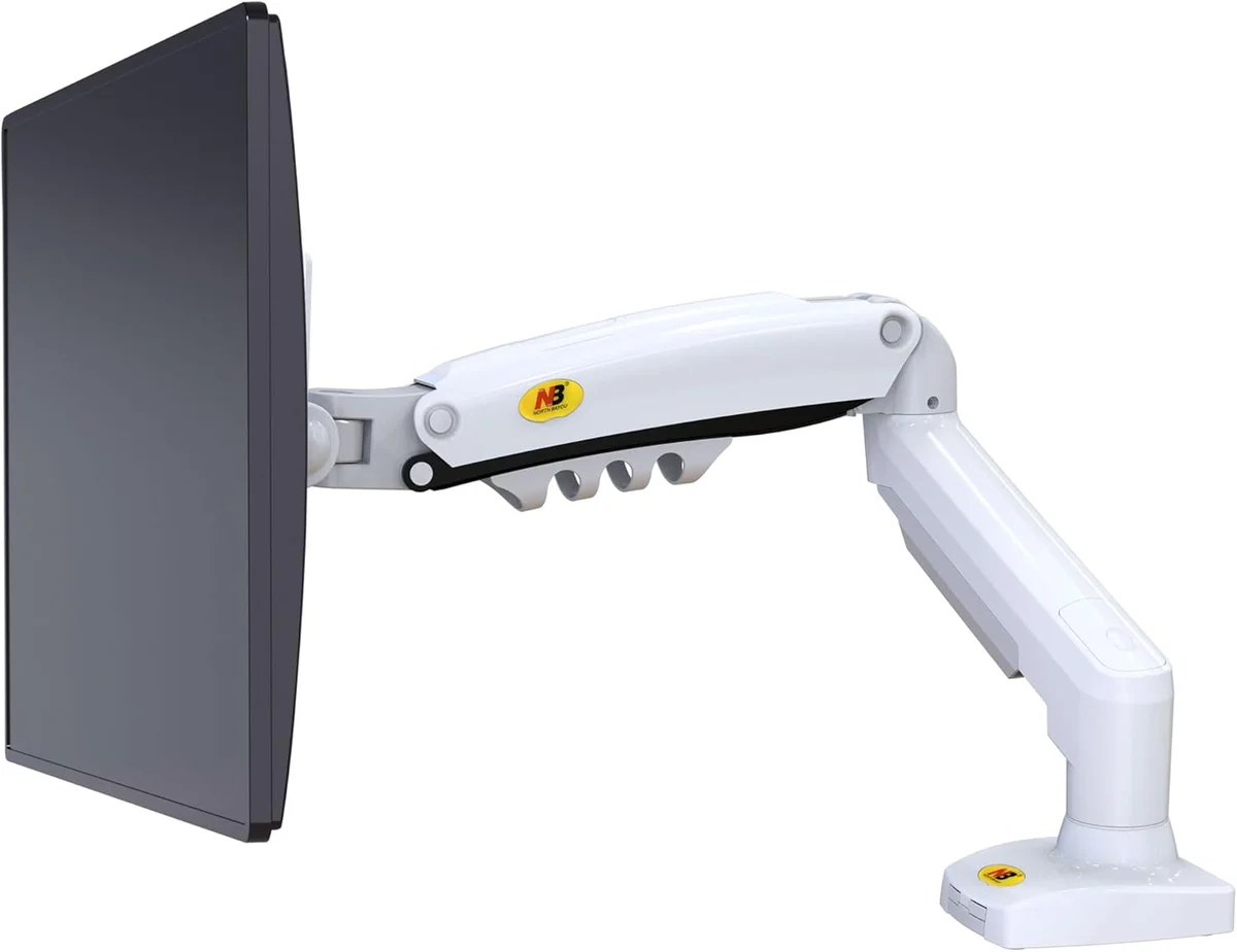 North Bayou F80 monitor arm side profile showing gas spring mechanism and cable clips