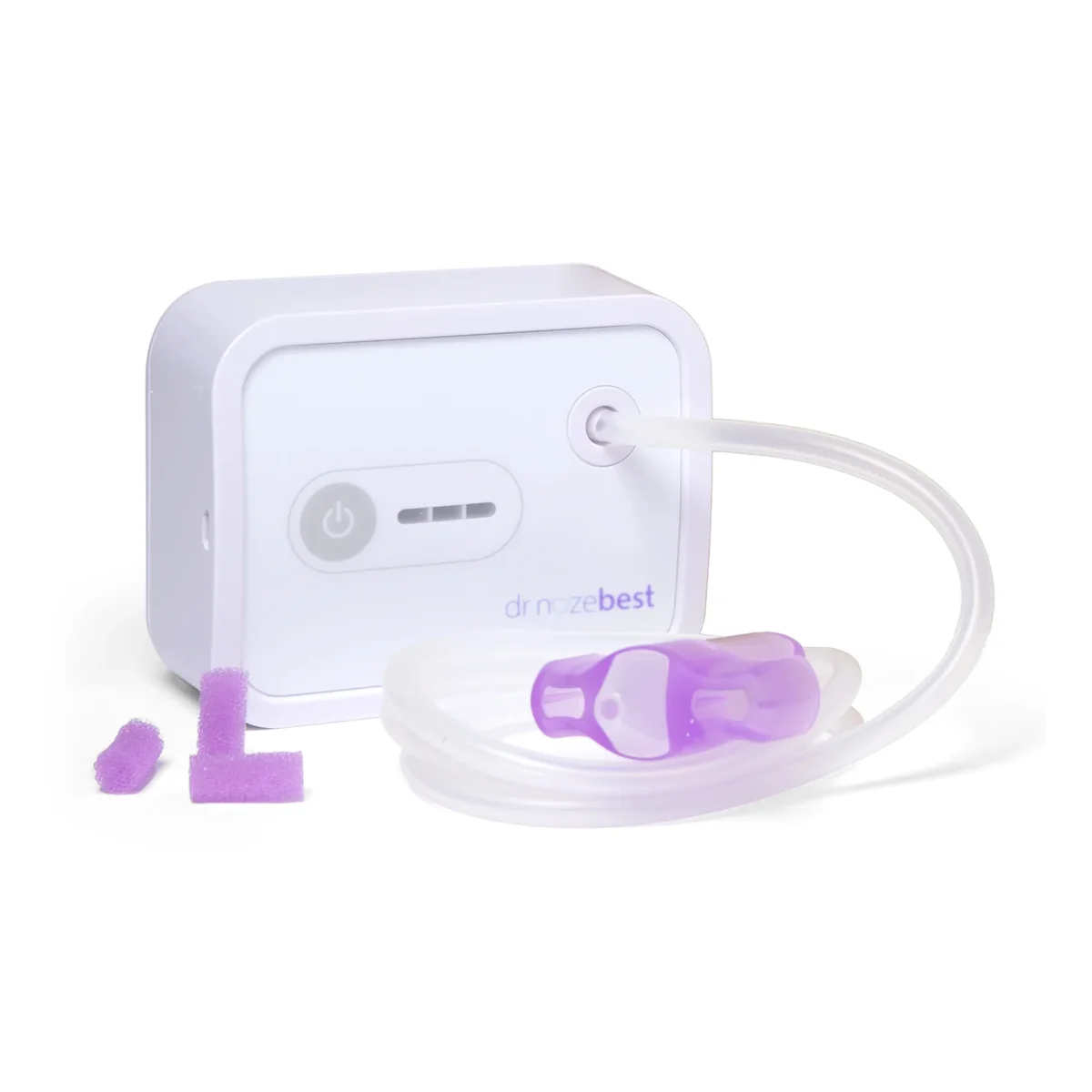 Dr. Noze Best NozeBot electric nasal aspirator base unit with tube, nosepiece, and replacement filters on white