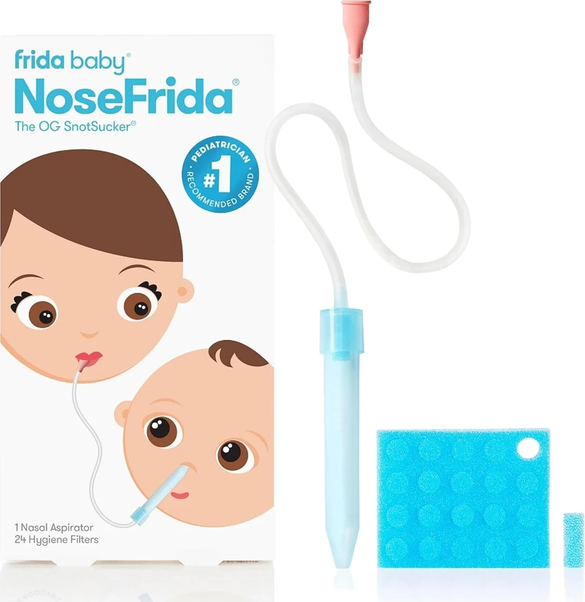 NoseFrida the SnotSucker components laid out: aspirator with tube and nasal tip, a strip of hygiene filters, and packaging