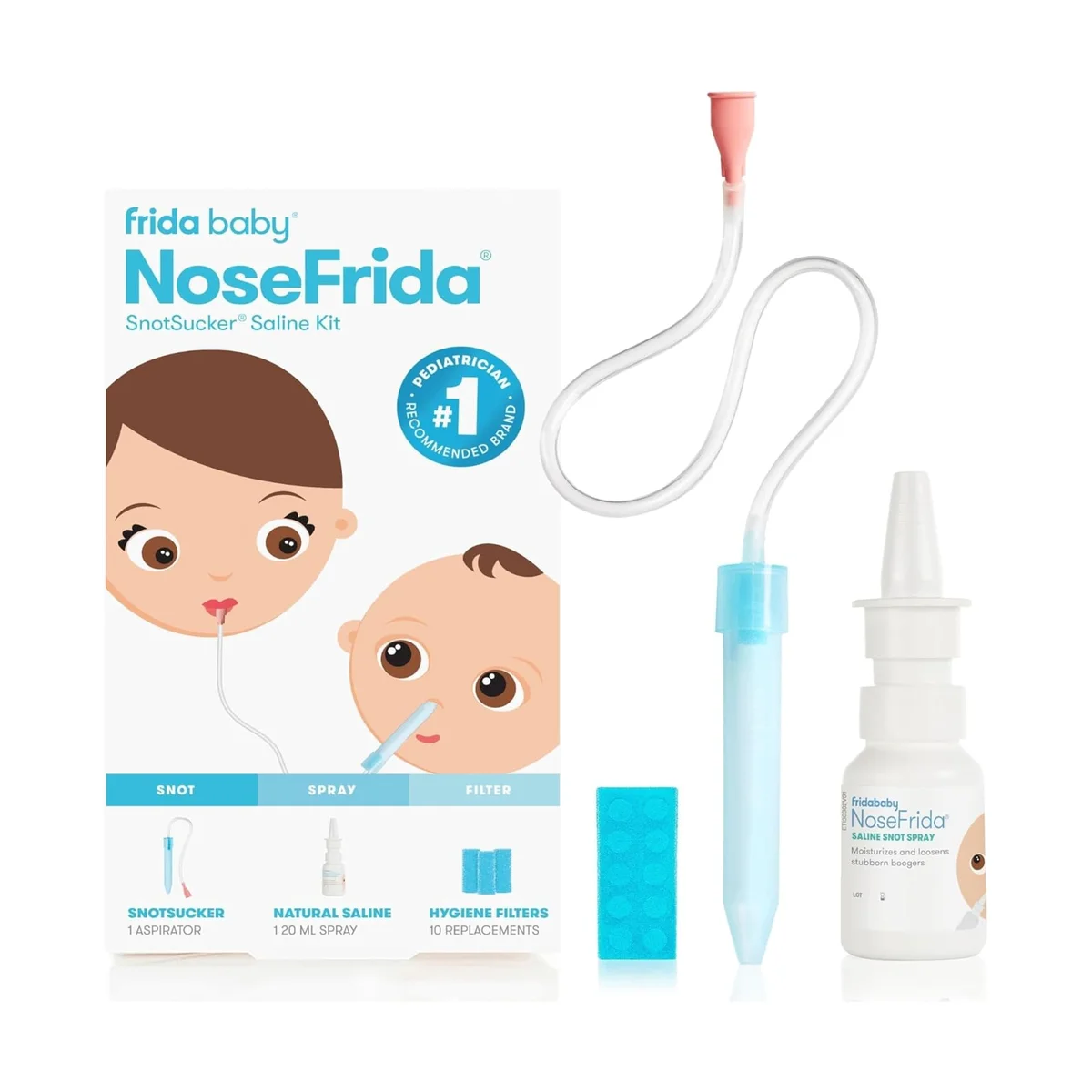 NoseFrida SnotSucker Saline Kit contents: nasal aspirator, saline snot spray bottle, hygiene filters, and box
