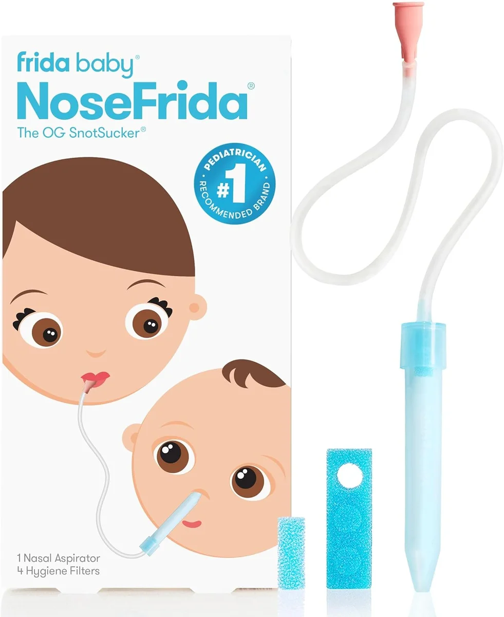 Frida Baby NoseFrida the SnotSucker kit with red mouthpiece, clear tube, blue nasal aspirator tip, foam hygiene filters, and retail box