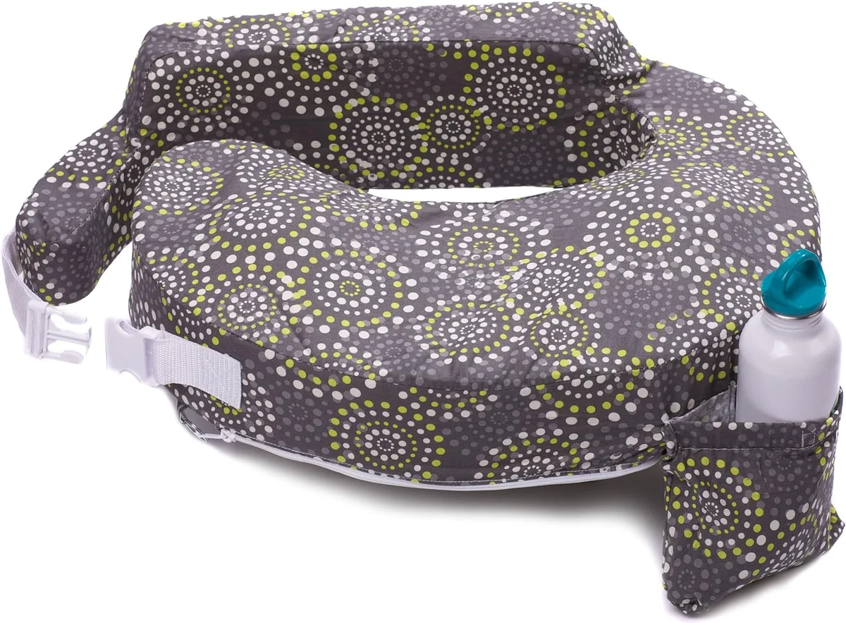 My Brest Friend Original Nursing Pillow side view highlighting the built-in storage pocket with water bottle