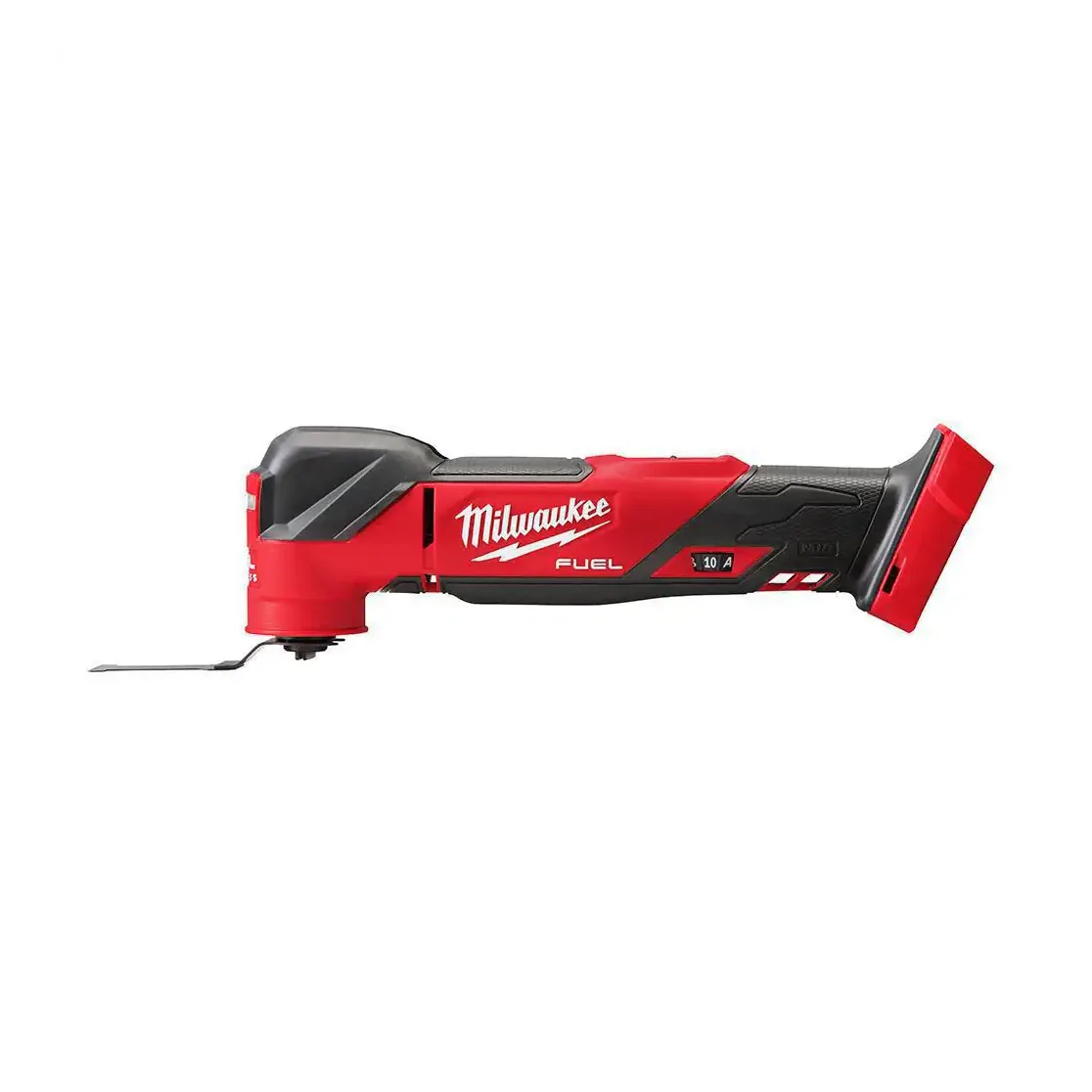 Milwaukee M18 FUEL 2836-20 oscillating multi-tool alternate side view showing the 10-setting speed dial and blade