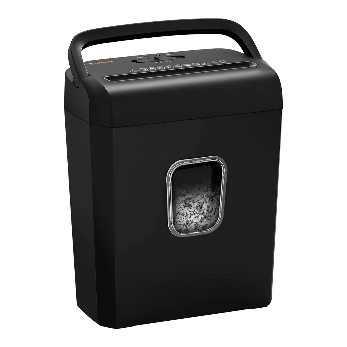 Bonsaii C234-A shredder slightly angled view highlighting the transparent waste window with shredded paper
