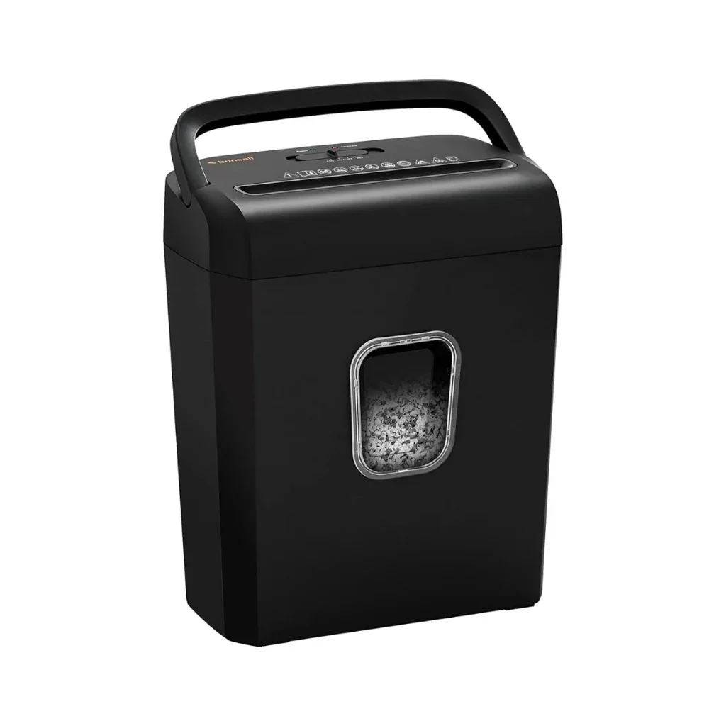 Bonsaii C234-A 6-Sheet Micro-Cut Paper Shredder, 3/4 angle view showing handle and transparent waste bin