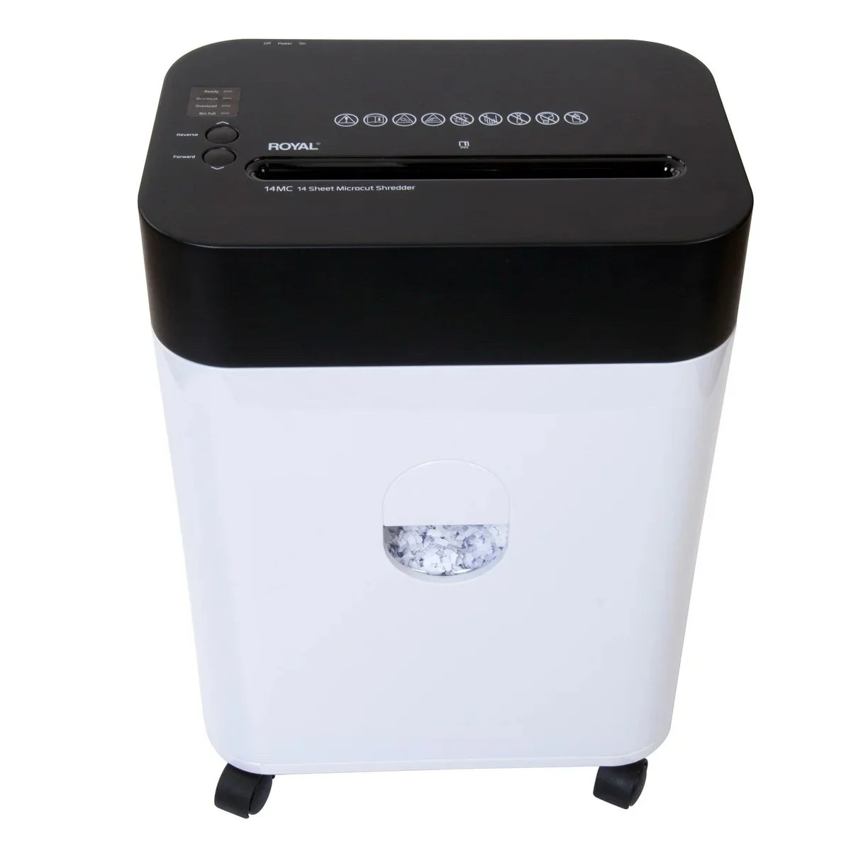 Royal 14MC 14-Sheet Micro-Cut Paper Shredder front view showing controls, feed slot, and bin window