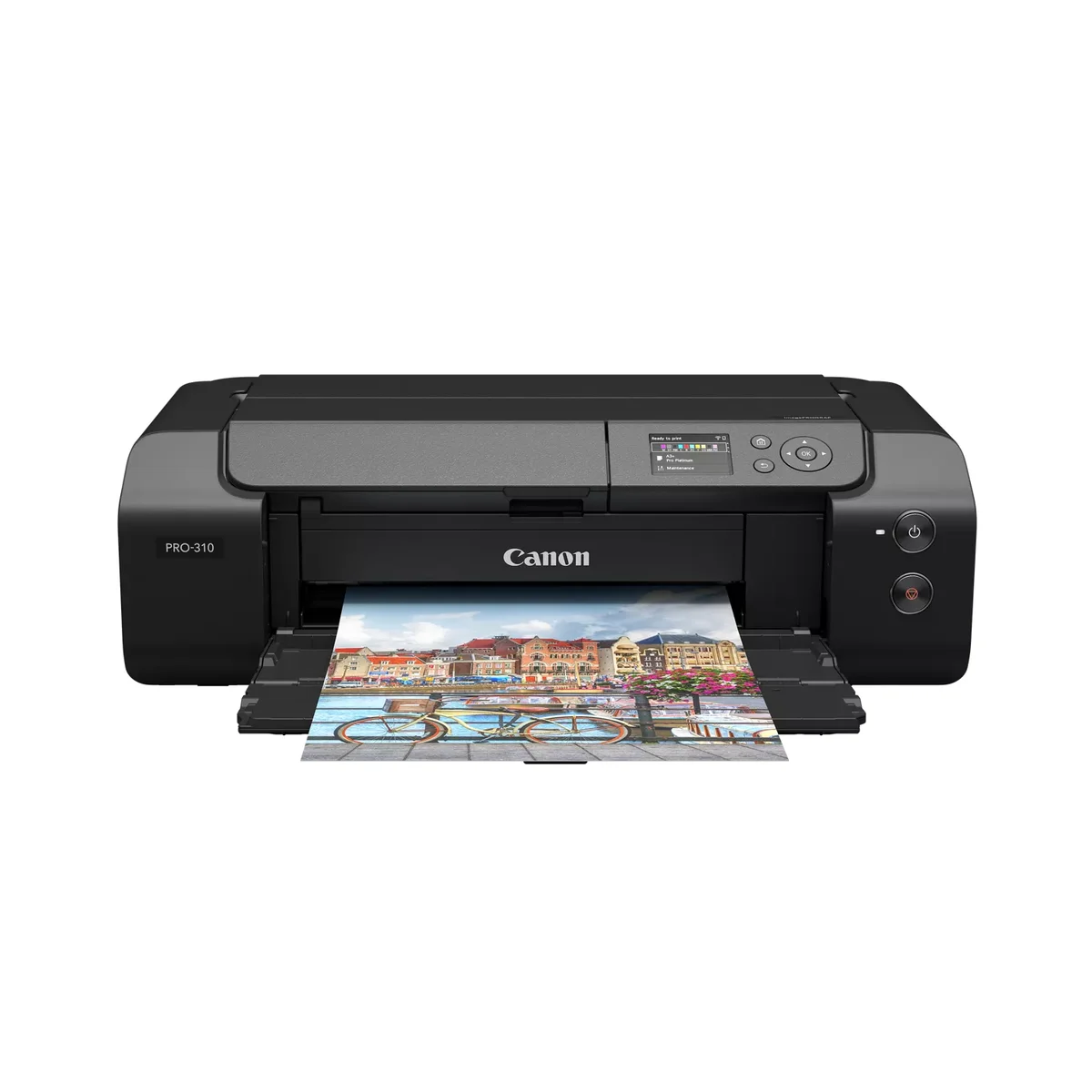 Canon imagePROGRAF PRO-310 front view with color photo printing