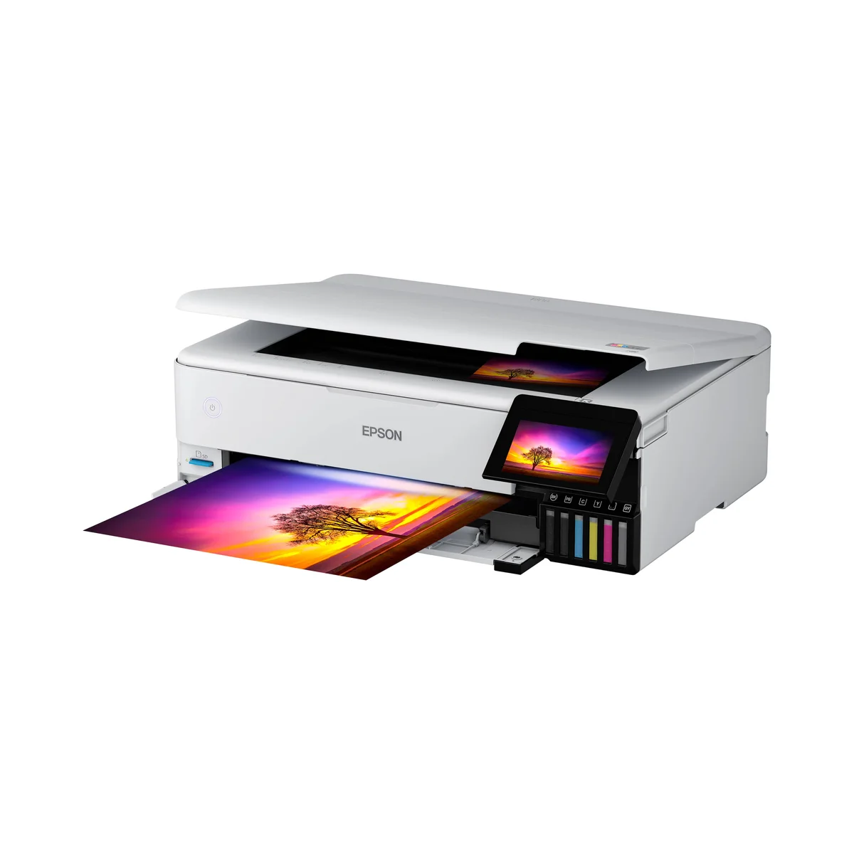 Epson EcoTank ET-8550 three-quarter front-left view with scanner lid open and wide-format photo printing