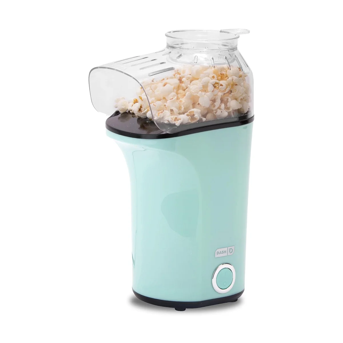 Dash Fresh Pop aqua popcorn maker front view with popcorn in the clear chute