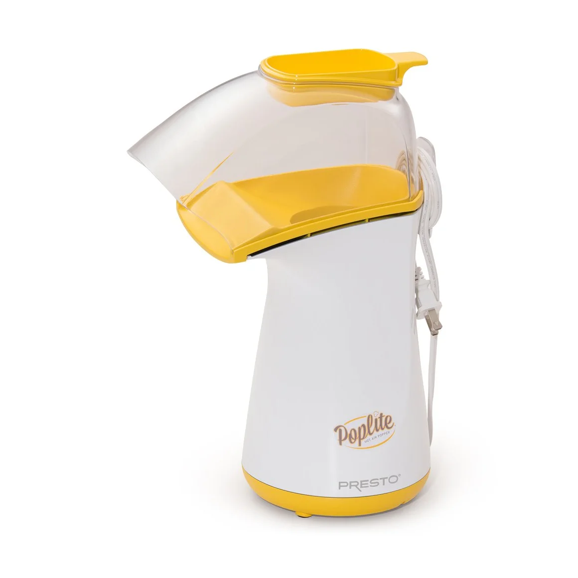 Presto PopLite hot air popper side view showing the popping chamber and stored cord