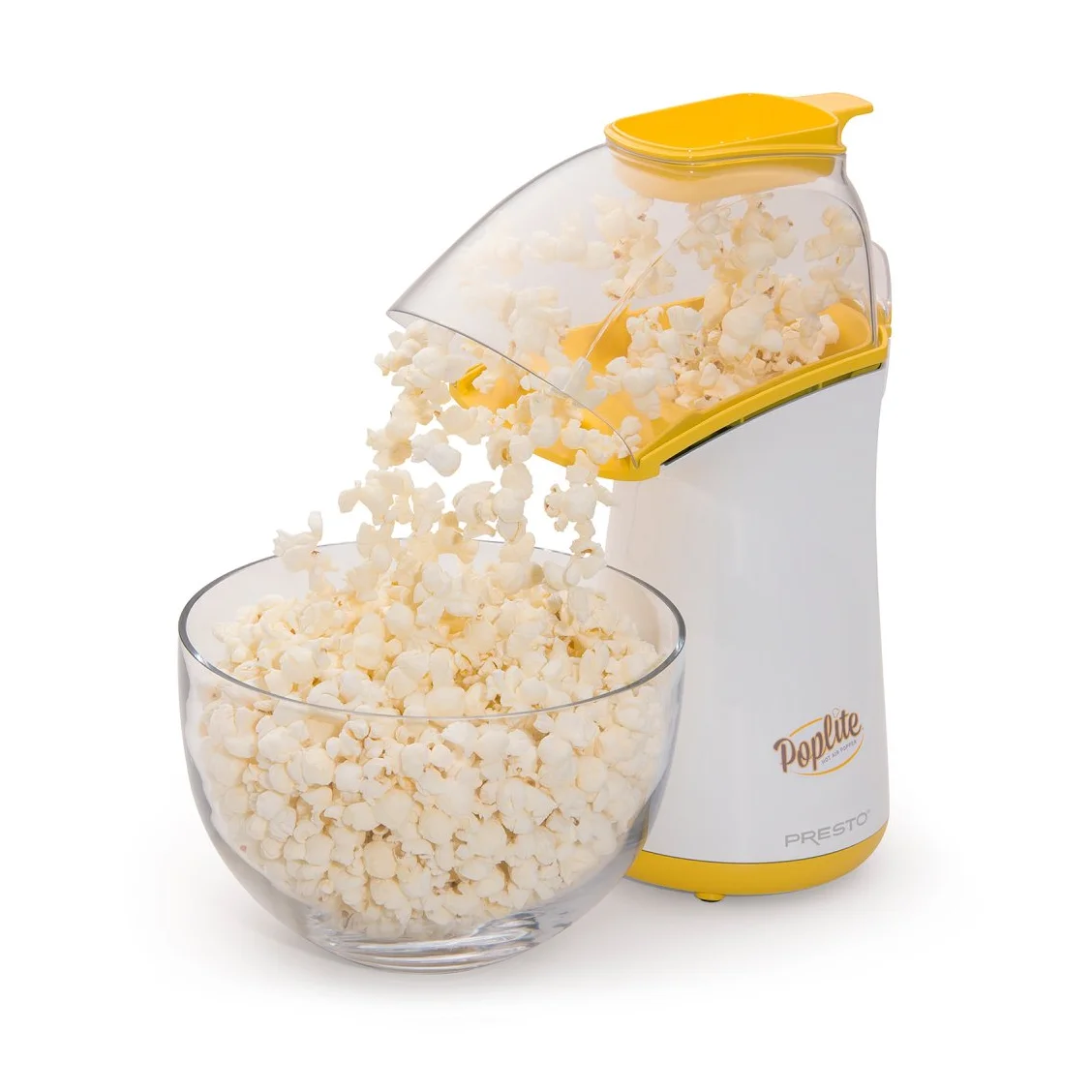 Presto PopLite hot air popper dispensing popcorn into a glass bowl, front view