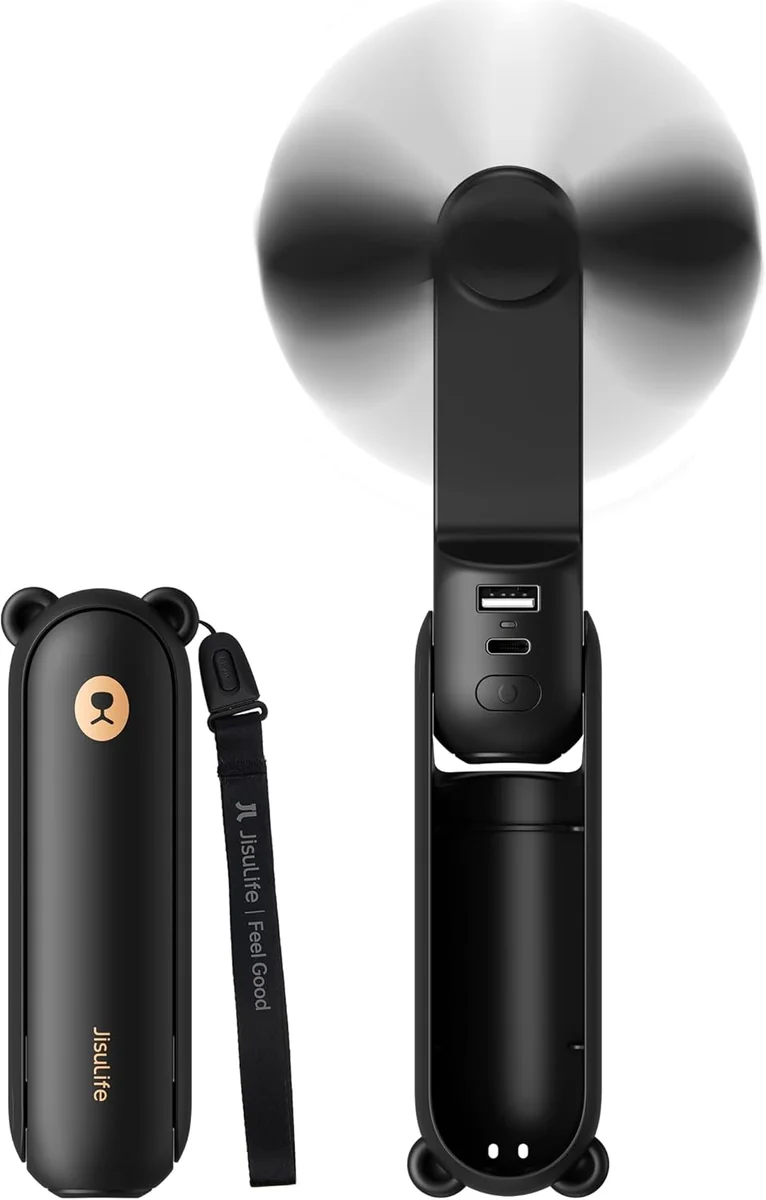 Jisulife Handheld Fan in black, showing USB-A power bank output, USB-C charging port, and power button