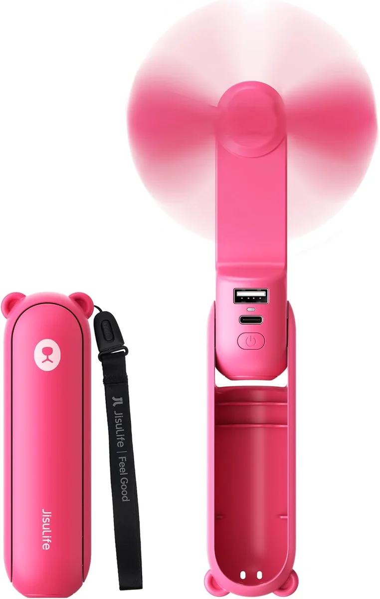 Jisulife Handheld Fan in pink, folded closed and open showing controls and wrist strap
