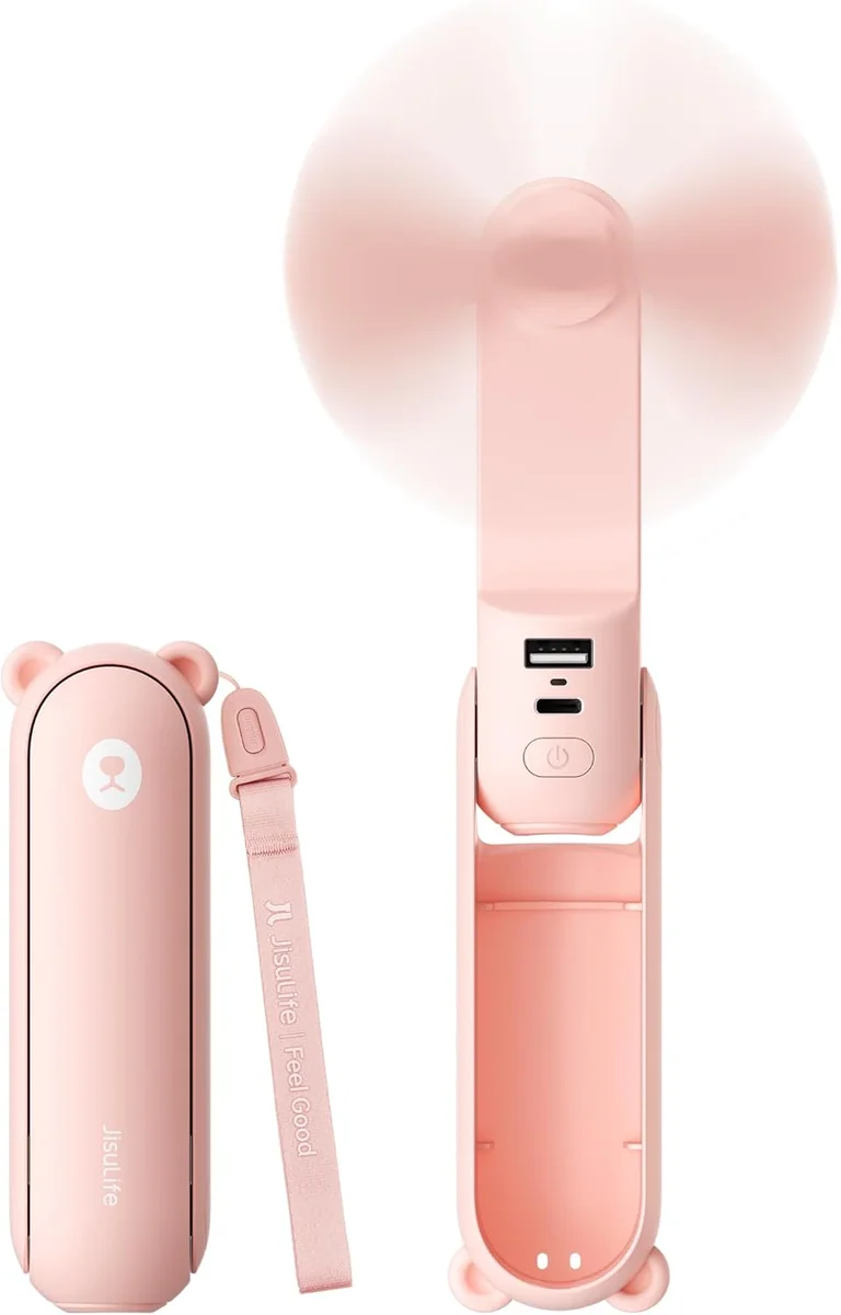 Jisulife Handheld Fan in light pink, showing both folded and unfolded configurations
