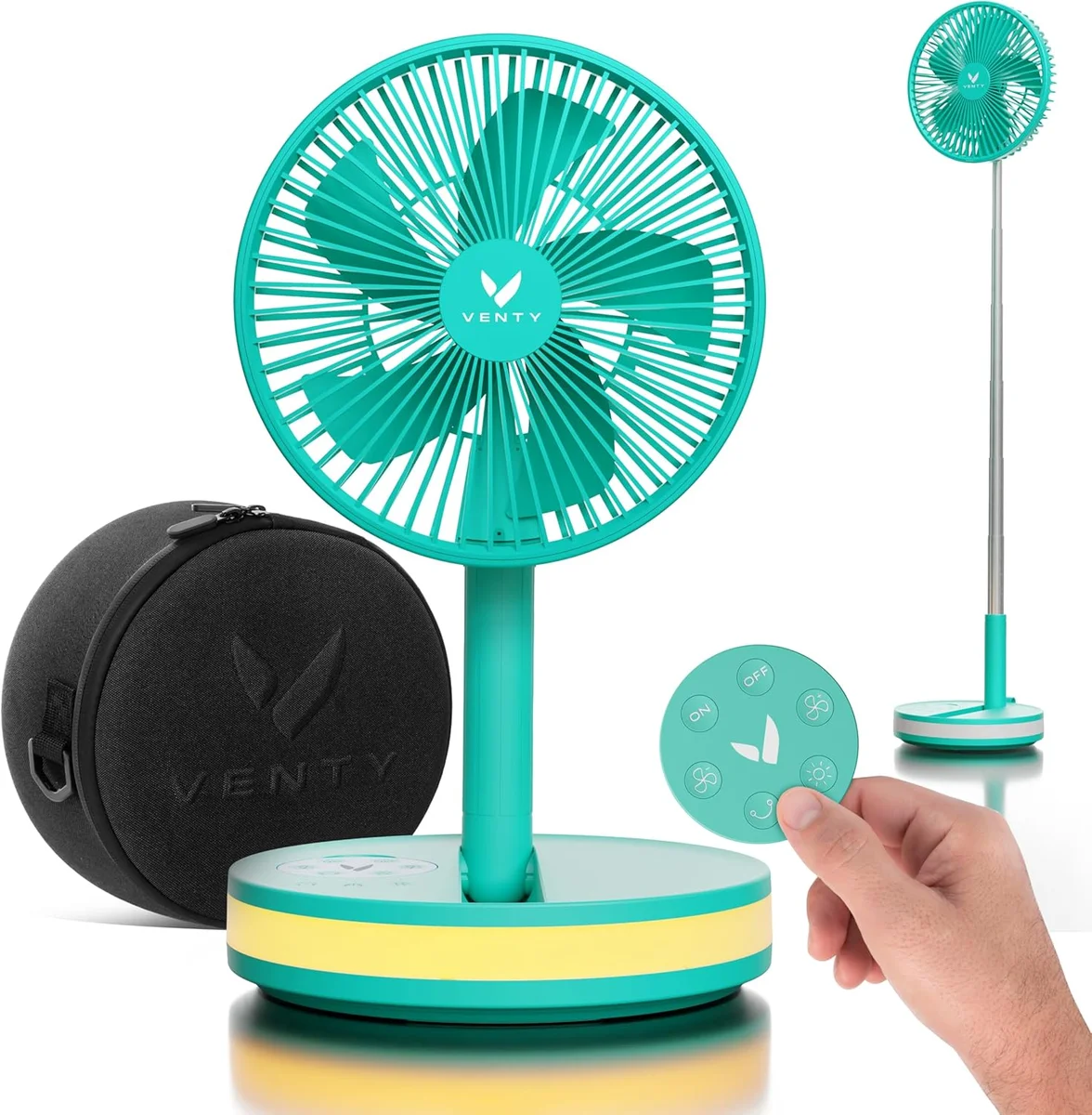 VENTY Portable Fan teal color with carry case, remote, and extended standing mode